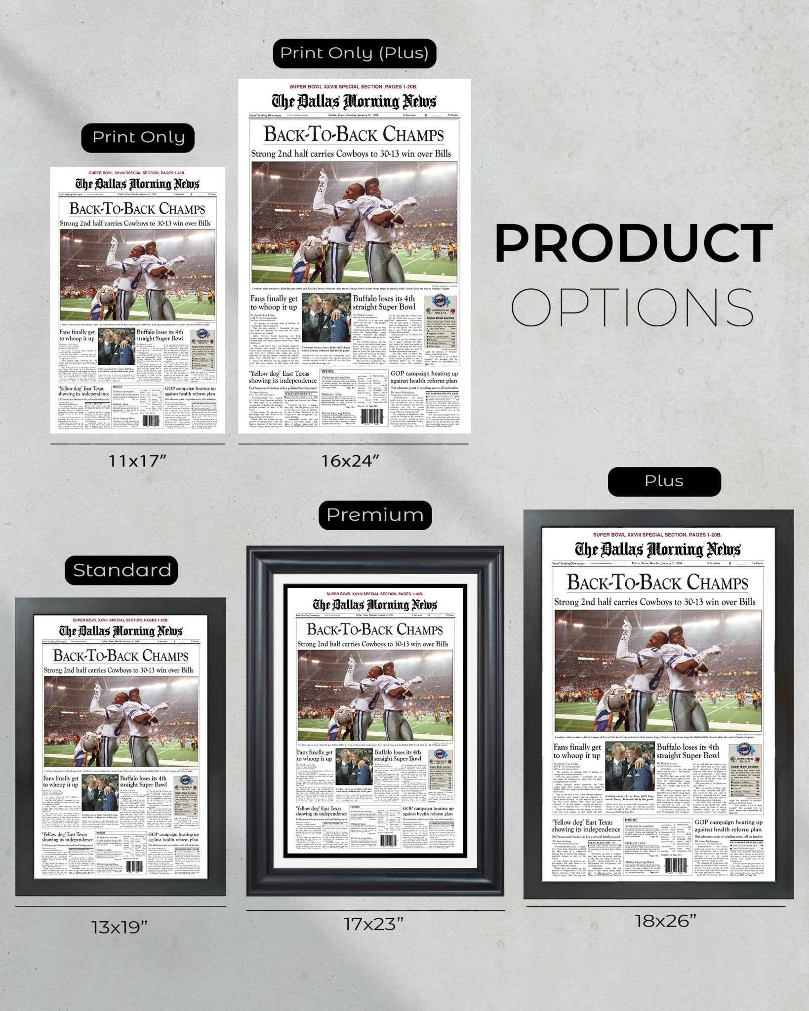 1994 Dallas Cowboys Back to Back Super Bowl Champions Framed Front Page Newspaper Print - Title Game Frames