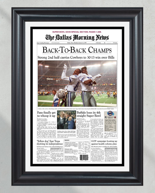 1994 Dallas Cowboys Back to Back Super Bowl Champions Framed Front Page Newspaper Print - Title Game Frames