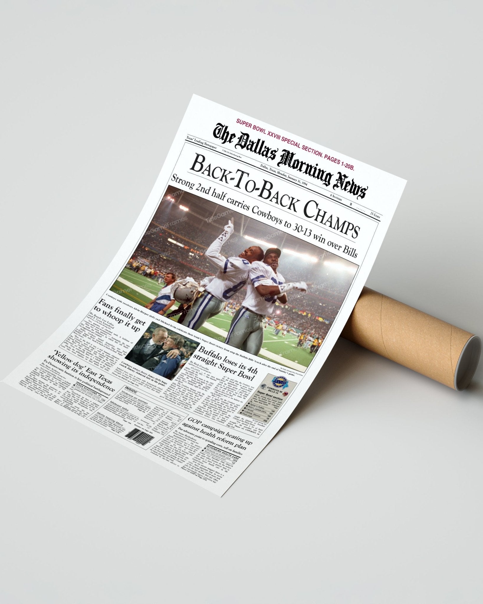 1994 Dallas Cowboys Back to Back Super Bowl Champions Framed Front Page Newspaper Print - Title Game Frames