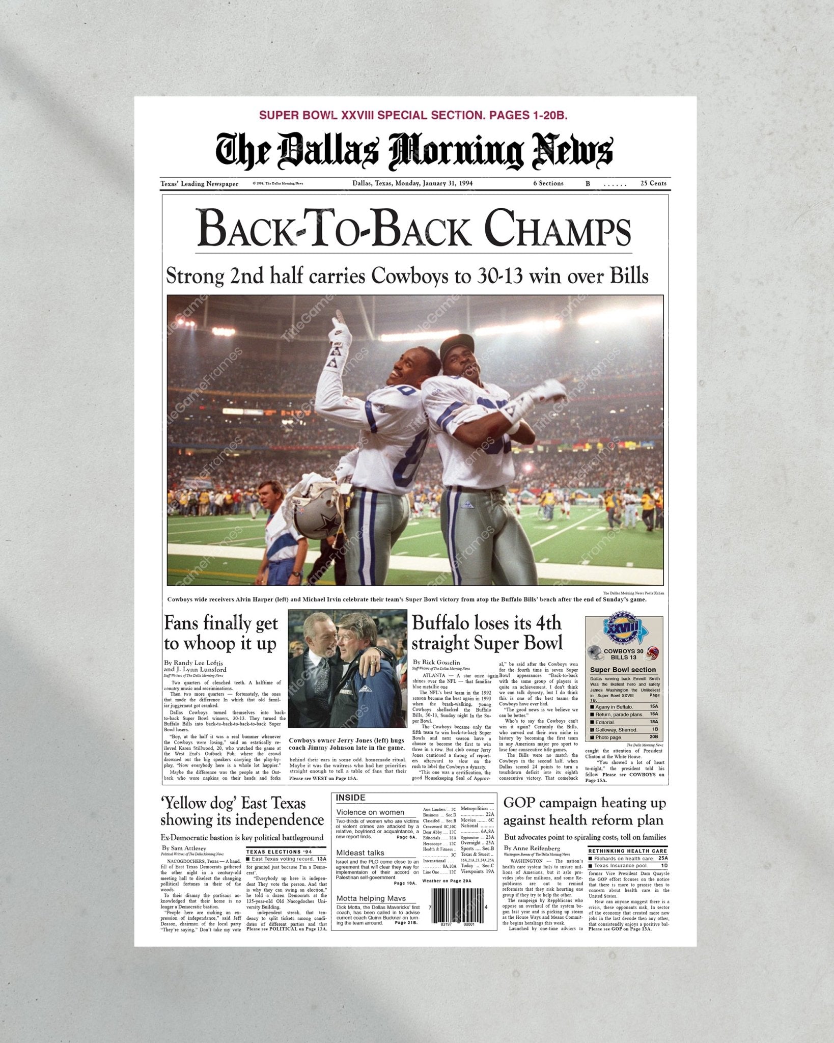 1994 Dallas Cowboys Back to Back Super Bowl Champions Framed Front Page Newspaper Print - Title Game Frames