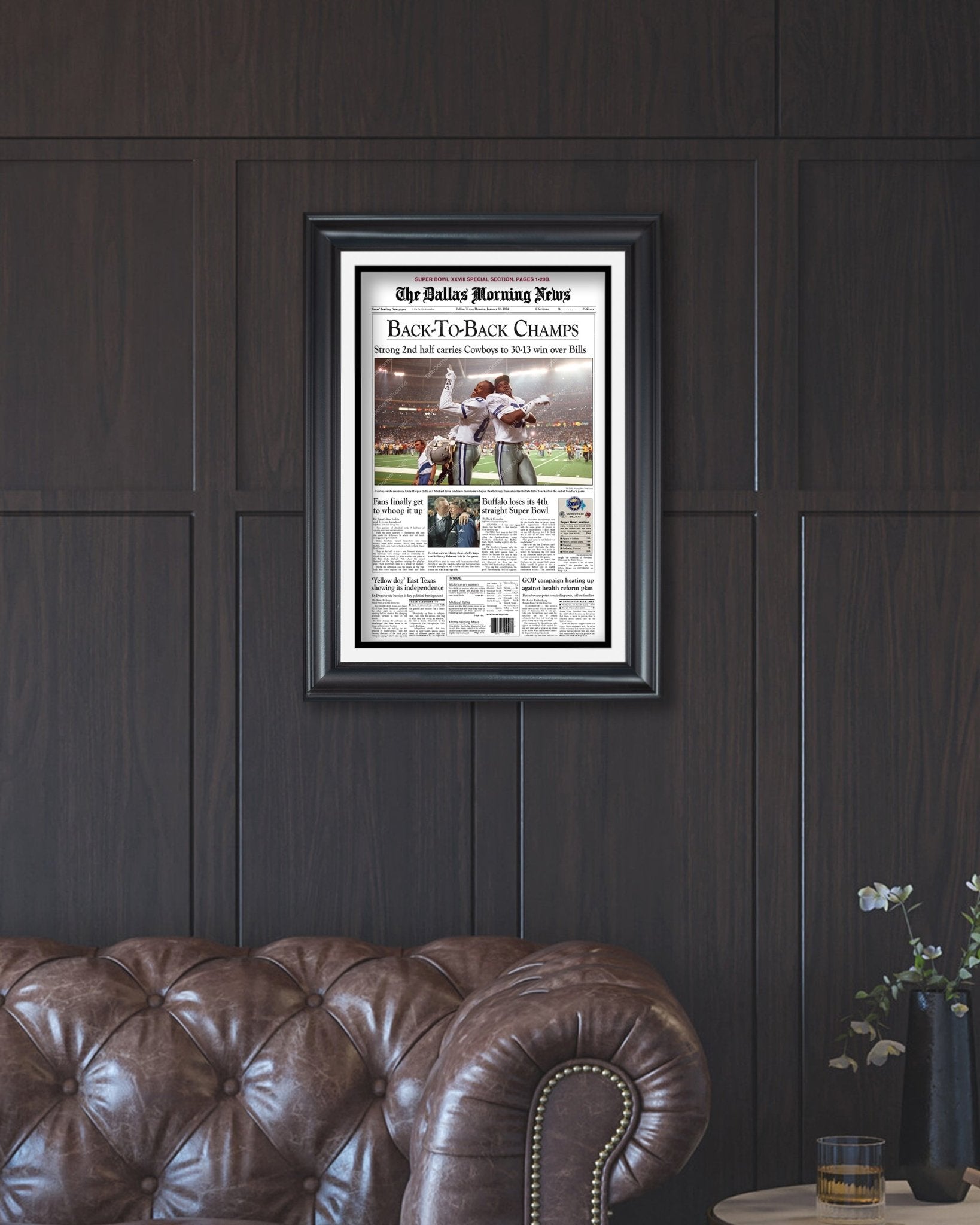 1994 Dallas Cowboys Back to Back Super Bowl Champions Framed Front Page Newspaper Print - Title Game Frames