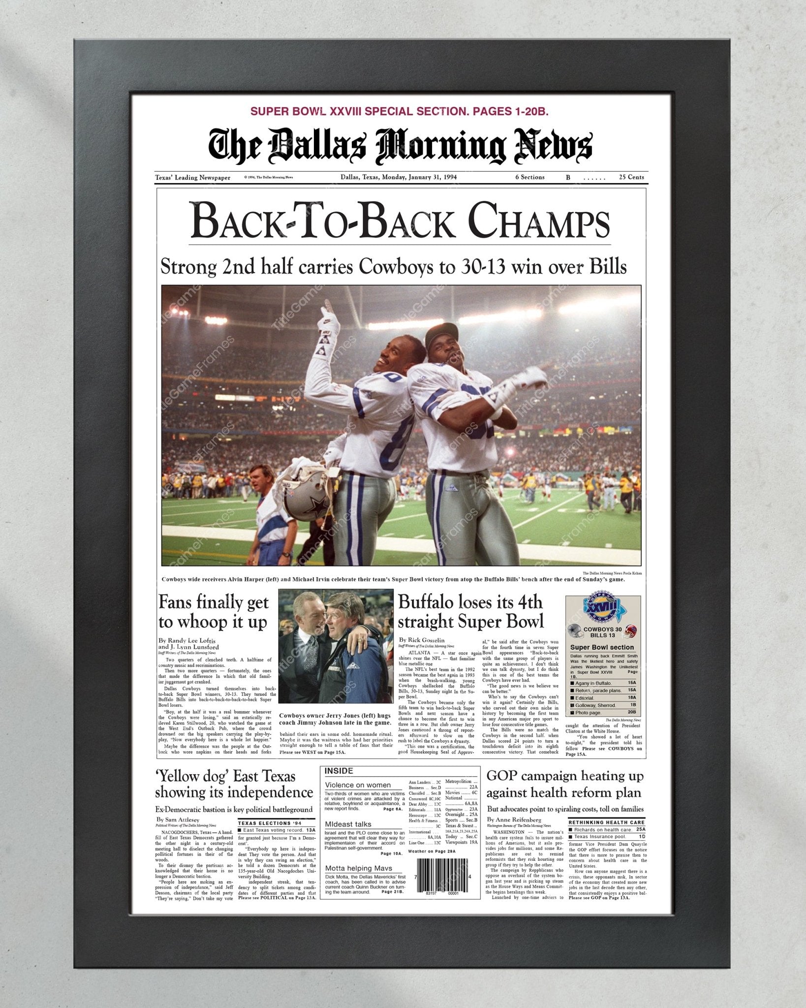 1994 Dallas Cowboys Back to Back Super Bowl Champions Framed Front Page Newspaper Print - Title Game Frames