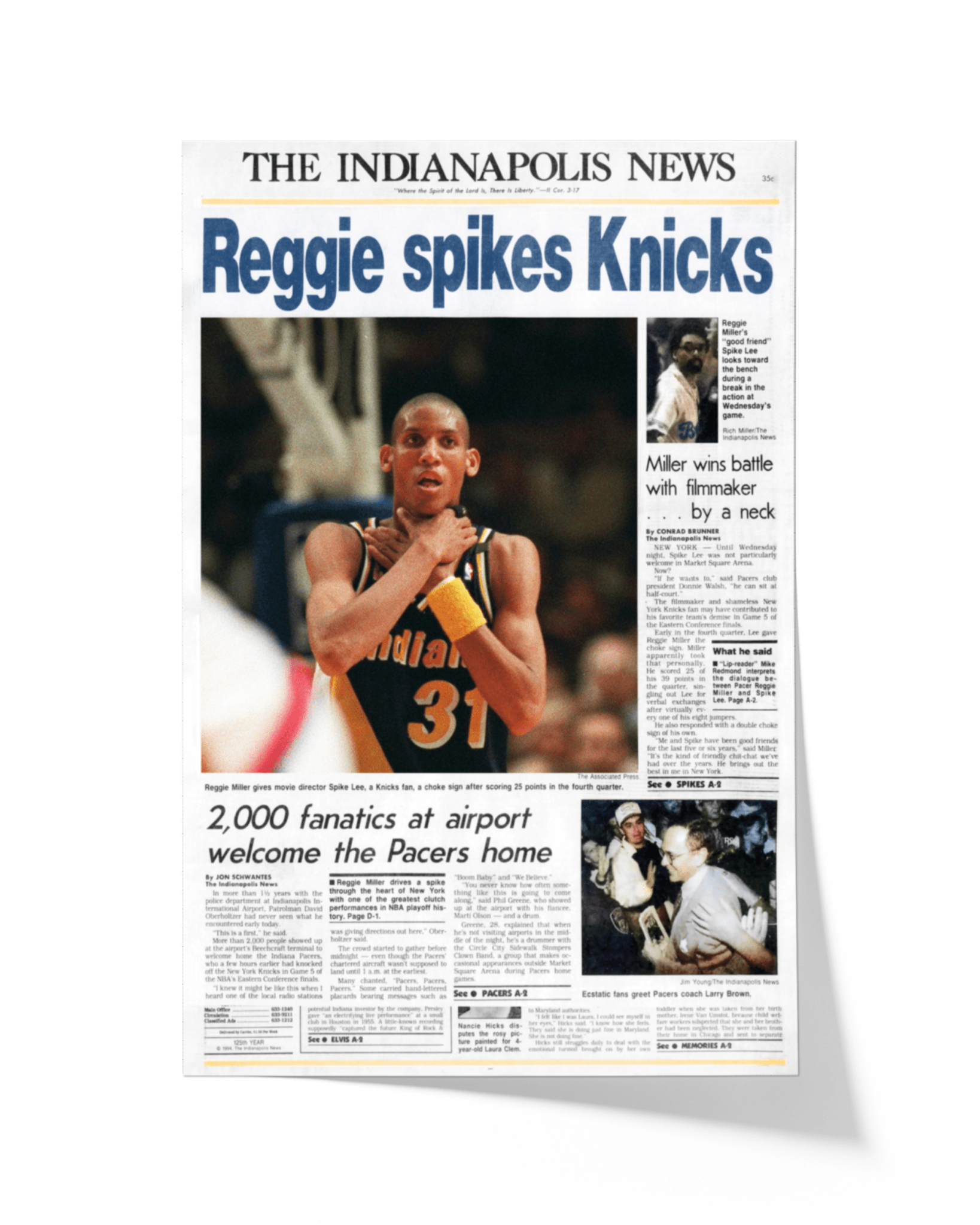 1994 Indiana Pacers “Reggie Spikes Knicks” The Original Choke Sign Framed Newspaper - TitleGameFrames.com