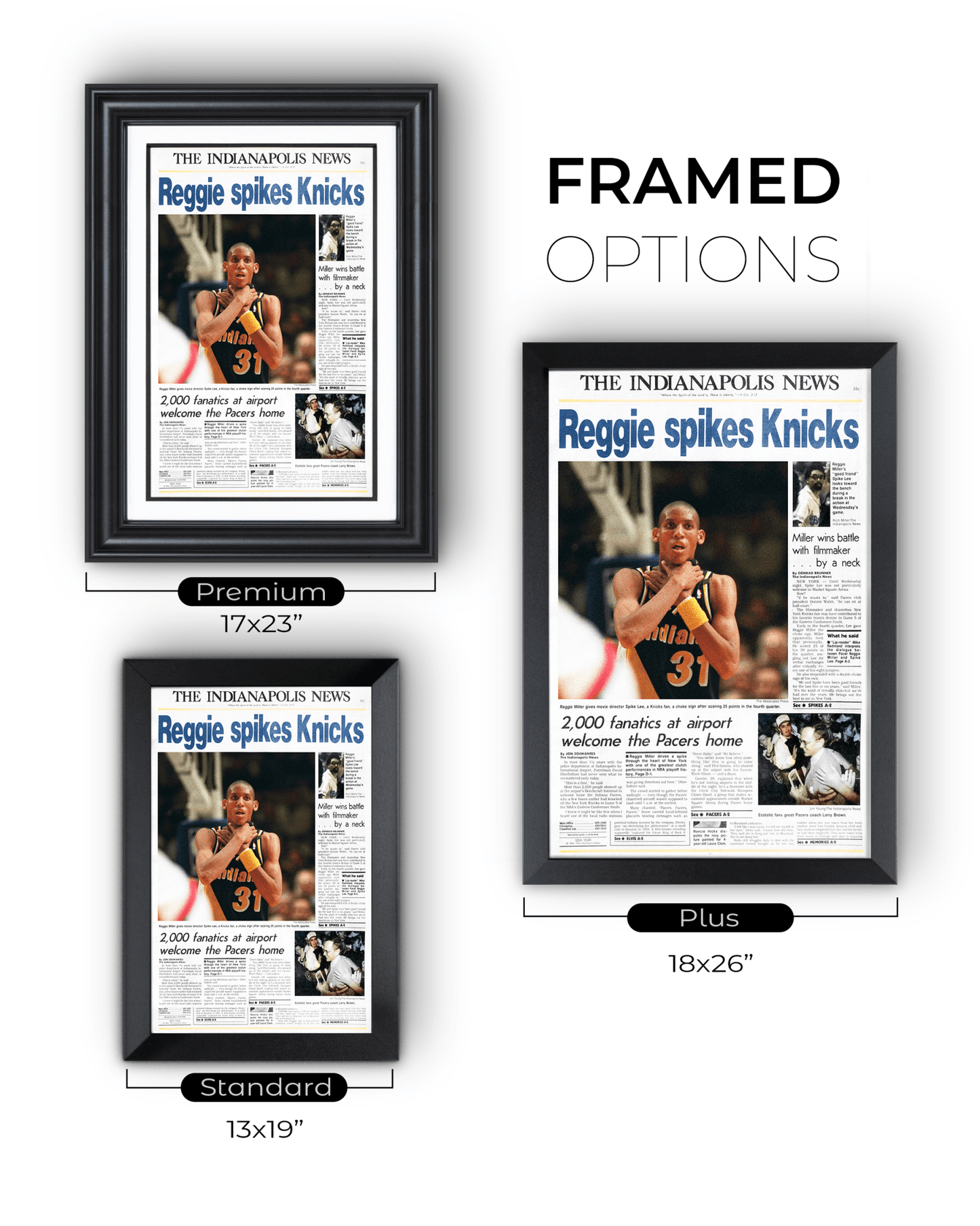 1994 Indiana Pacers “Reggie Spikes Knicks” The Original Choke Sign Framed Newspaper - TitleGameFrames.com