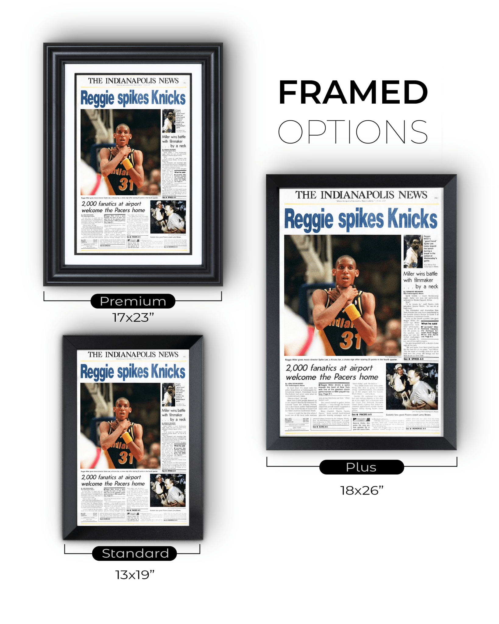 1994 Indiana Pacers “Reggie Spikes Knicks” The Original Choke Sign Framed Newspaper - TitleGameFrames.com