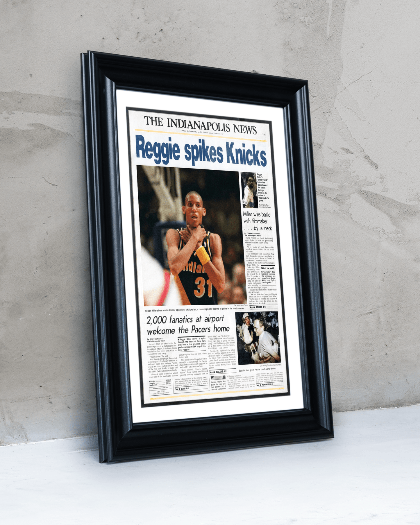 1994 Indiana Pacers “Reggie Spikes Knicks” The Original Choke Sign Framed Newspaper - TitleGameFrames.com