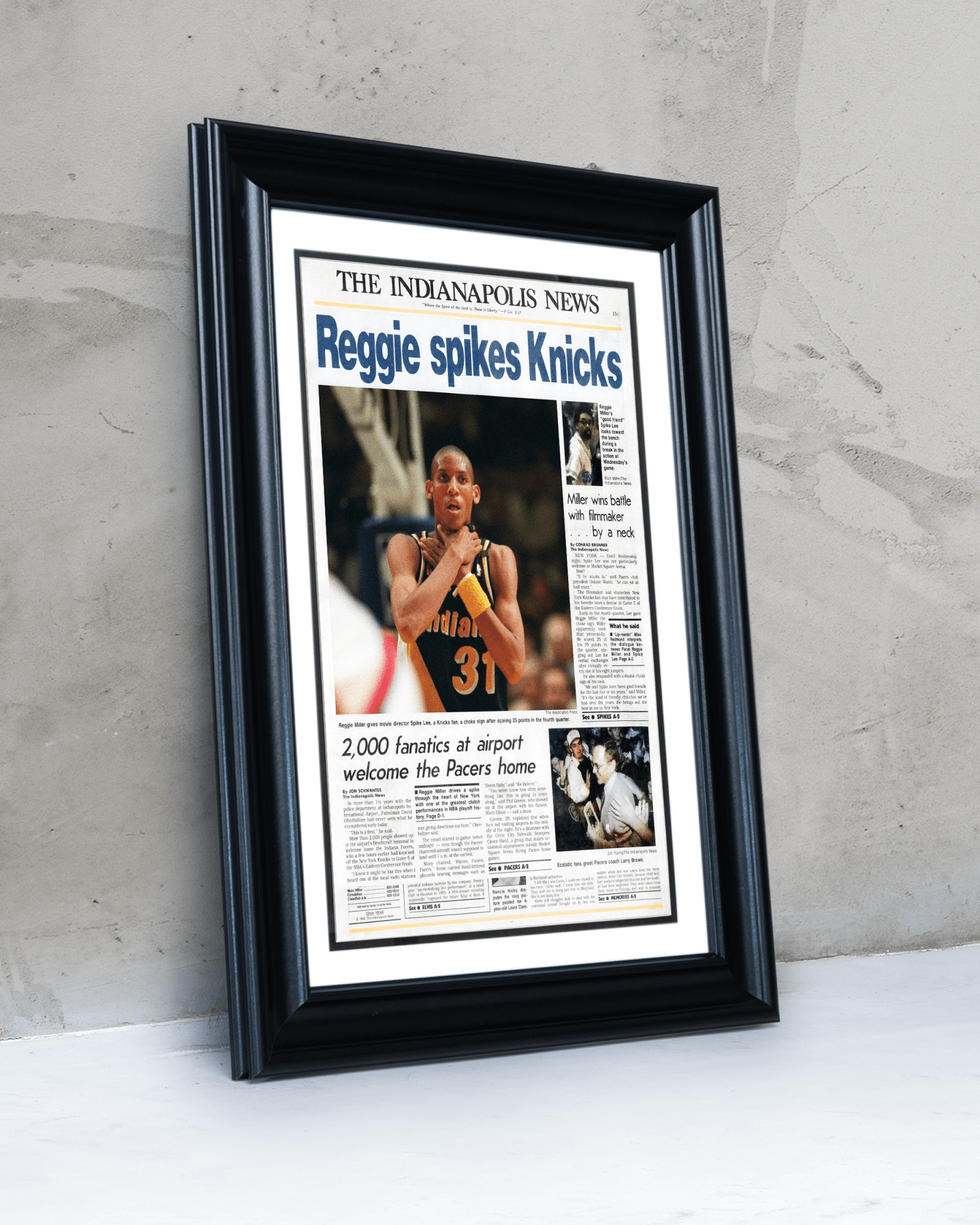 1994 Indiana Pacers “Reggie Spikes Knicks” The Original Choke Sign Framed Newspaper - TitleGameFrames.com