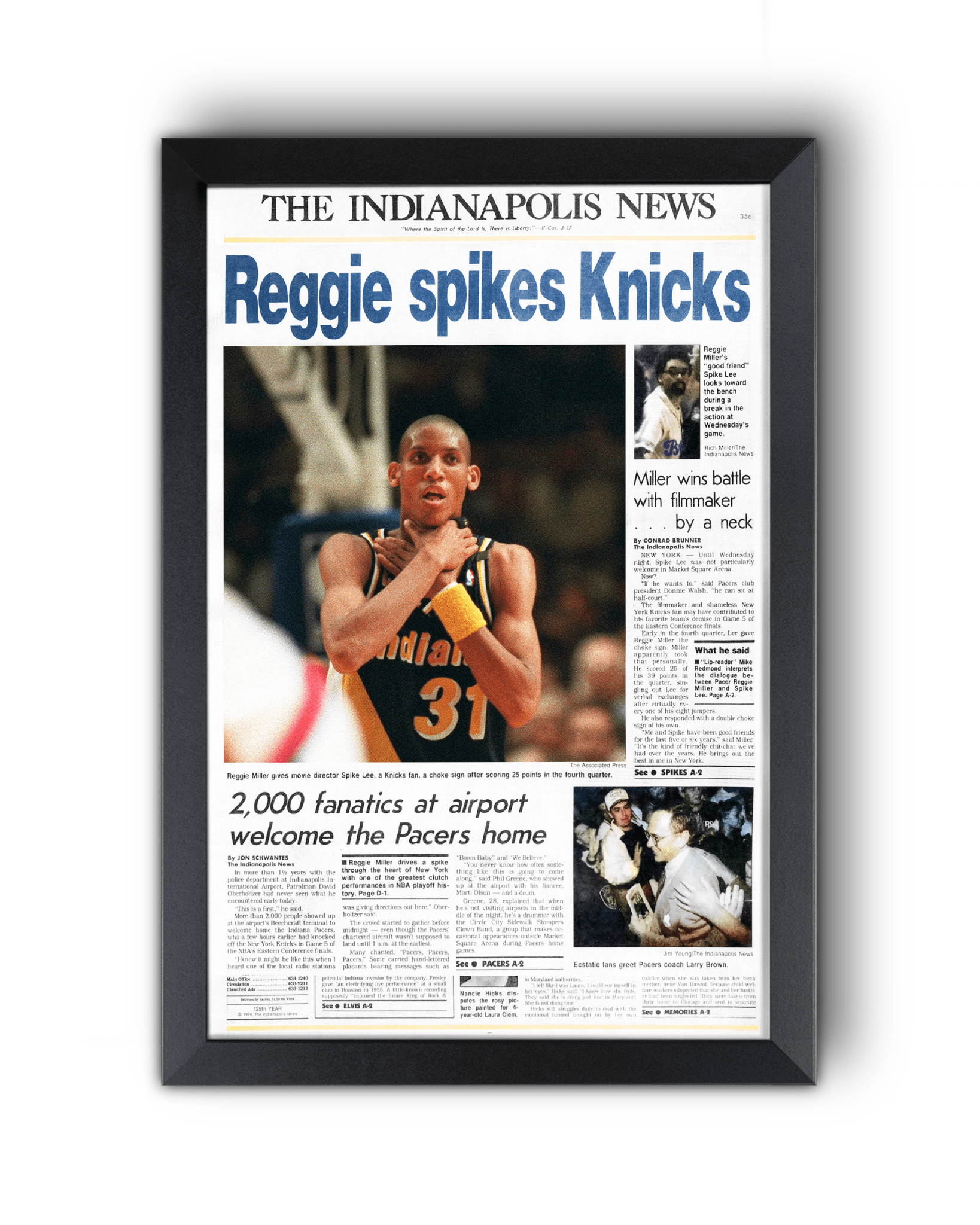 1994 Indiana Pacers “Reggie Spikes Knicks” The Original Choke Sign Framed Newspaper - TitleGameFrames.com