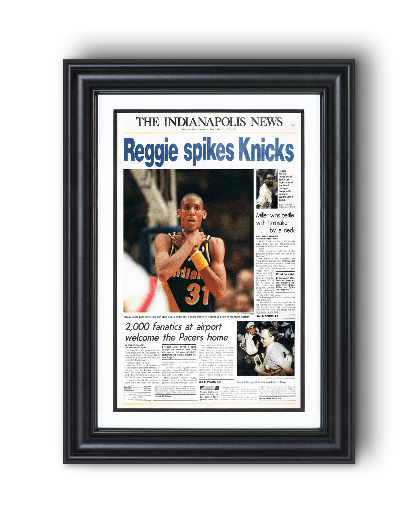 1994 Indiana Pacers “Reggie Spikes Knicks” The Original Choke Sign Framed Newspaper - TitleGameFrames.com