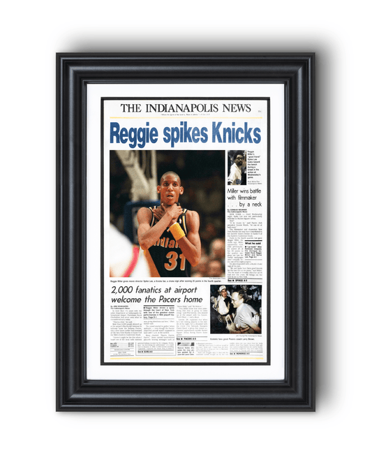 1994 Indiana Pacers “Reggie Spikes Knicks” The Original Choke Sign Framed Newspaper - TitleGameFrames.com