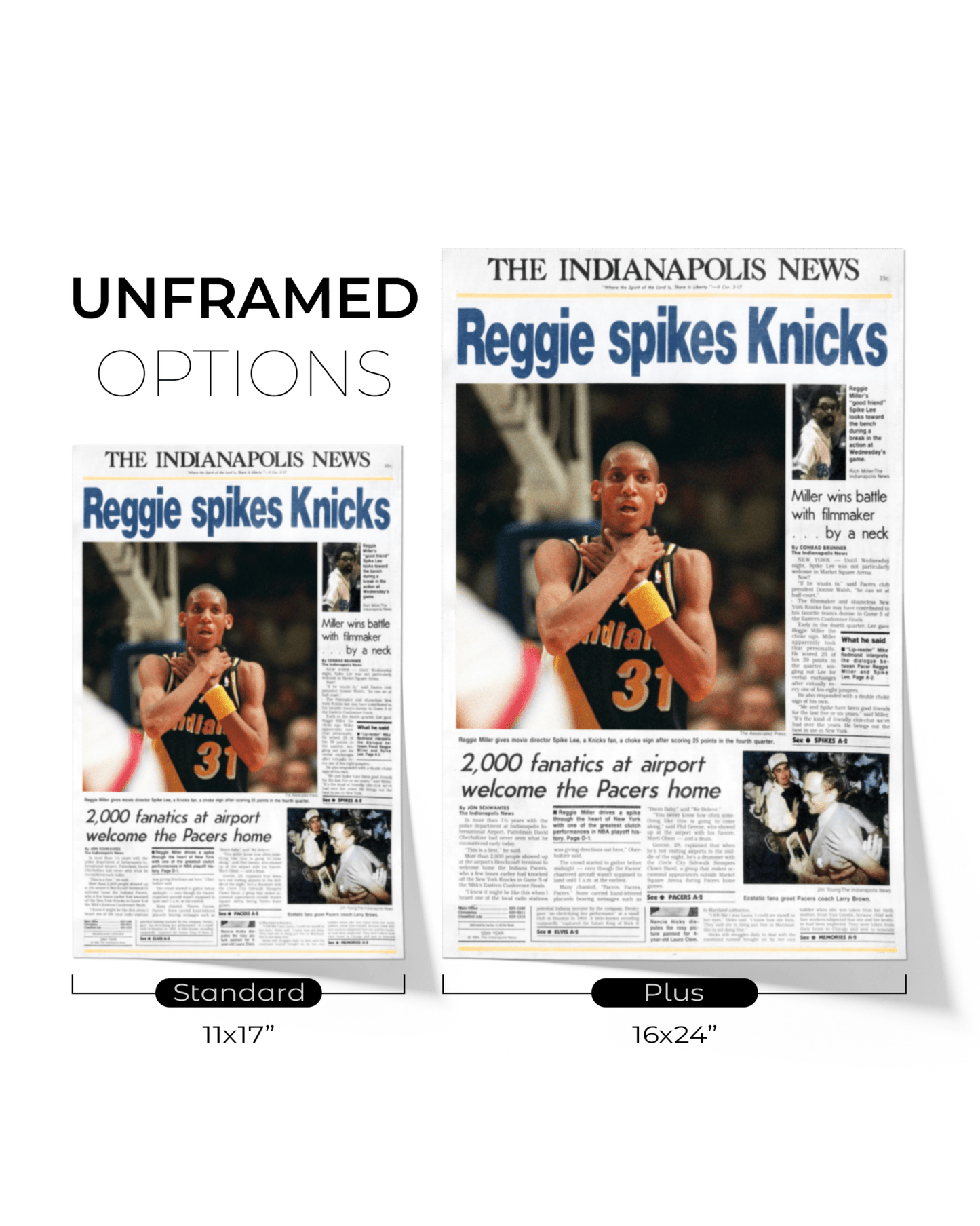 1994 Indiana Pacers “Reggie Spikes Knicks” The Original Choke Sign Framed Newspaper - TitleGameFrames.com