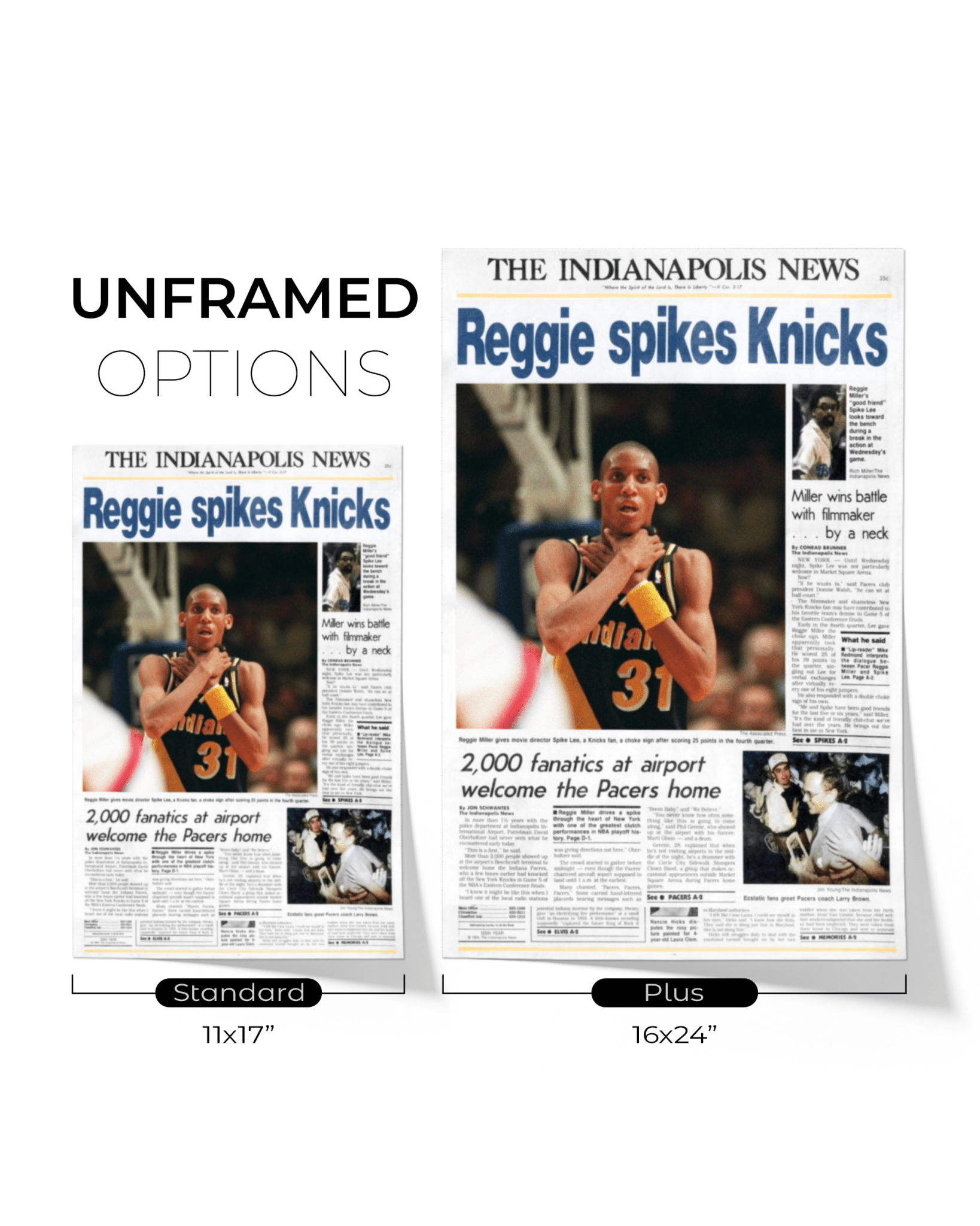 1994 Indiana Pacers “Reggie Spikes Knicks” The Original Choke Sign Framed Newspaper - TitleGameFrames.com