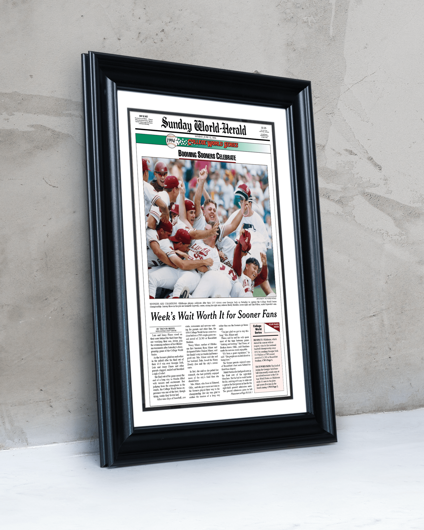 1994 Oklahoma Sooners “Booming Sooners Celebrate” College World Series Champions Framed Newspaper - TitleGameFrames.com