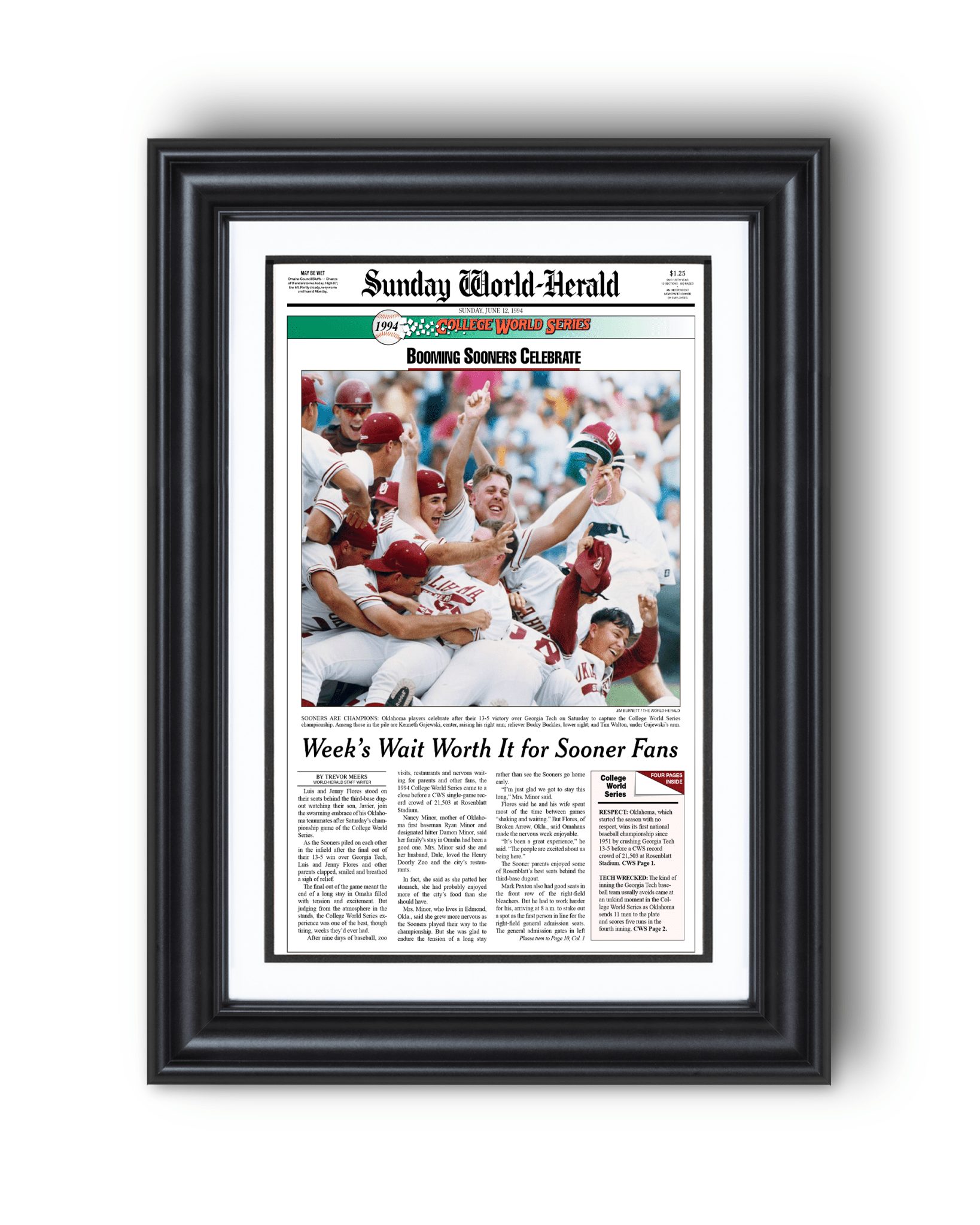 1994 Oklahoma Sooners “Booming Sooners Celebrate” College World Series Champions Framed Newspaper - TitleGameFrames.com