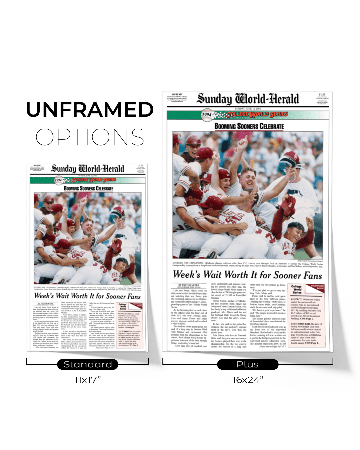 1994 Oklahoma Sooners “Booming Sooners Celebrate” College World Series Champions Framed Newspaper - TitleGameFrames.com
