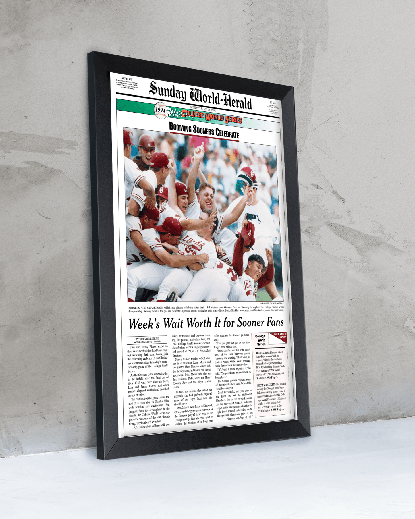 1994 Oklahoma Sooners “Booming Sooners Celebrate” College World Series Champions Framed Newspaper - TitleGameFrames.com