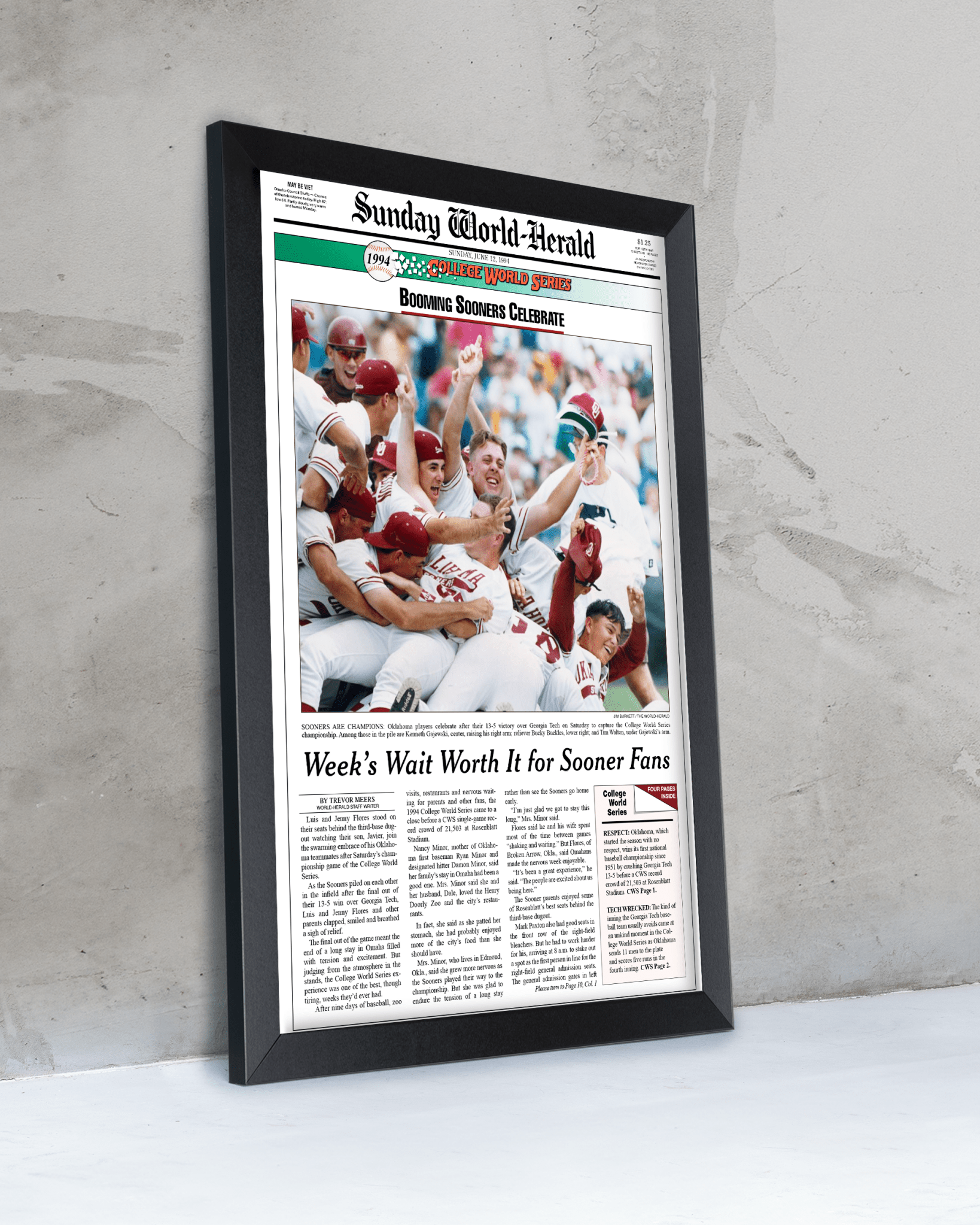 1994 Oklahoma Sooners “Booming Sooners Celebrate” College World Series Champions Framed Newspaper - TitleGameFrames.com