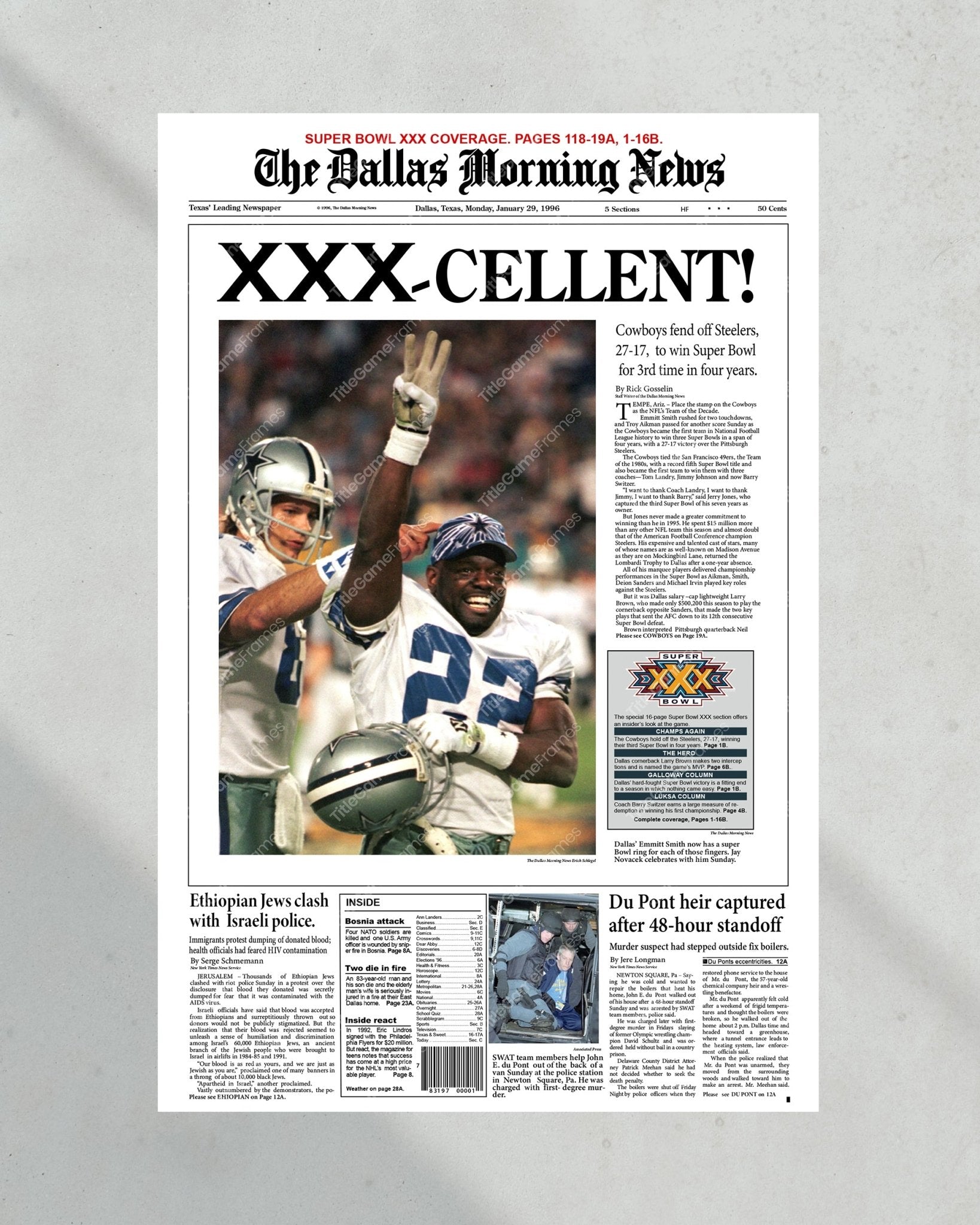 1996 Dallas Cowboys Super Bowl Champion Framed Newspaper Front Page Print - Title Game Frames