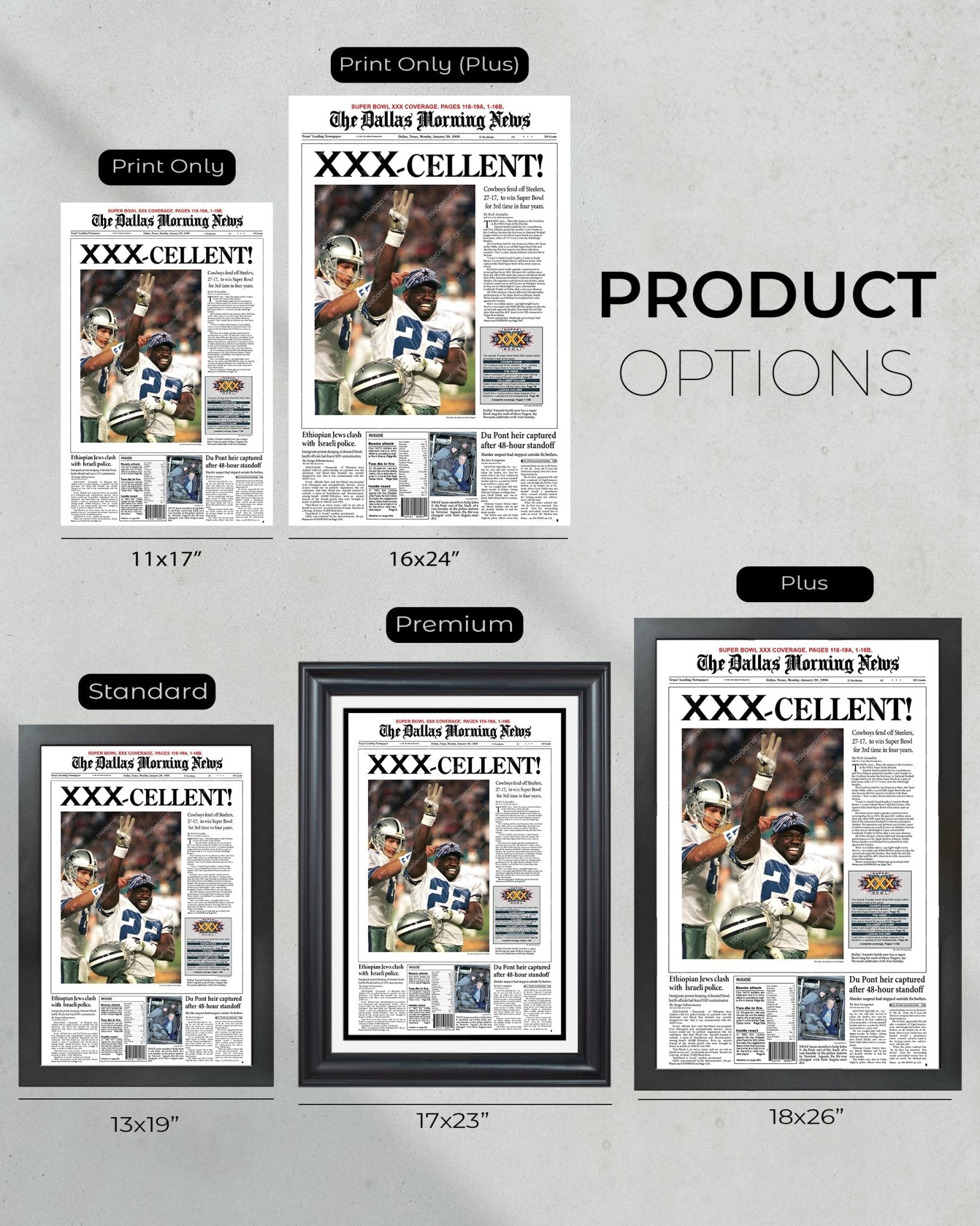 1996 Dallas Cowboys Super Bowl Champion Framed Newspaper Front Page Print - Title Game Frames