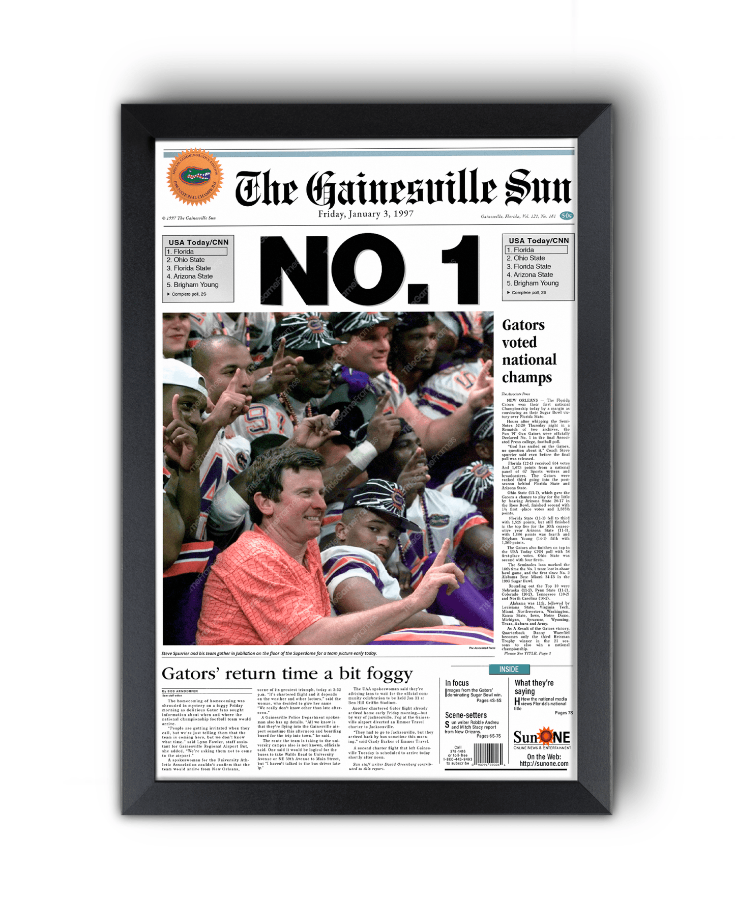 1996 Florida Gators NCAA College Football National Champions 'NO. 1' Framed Newspaper - TitleGameFrames.com