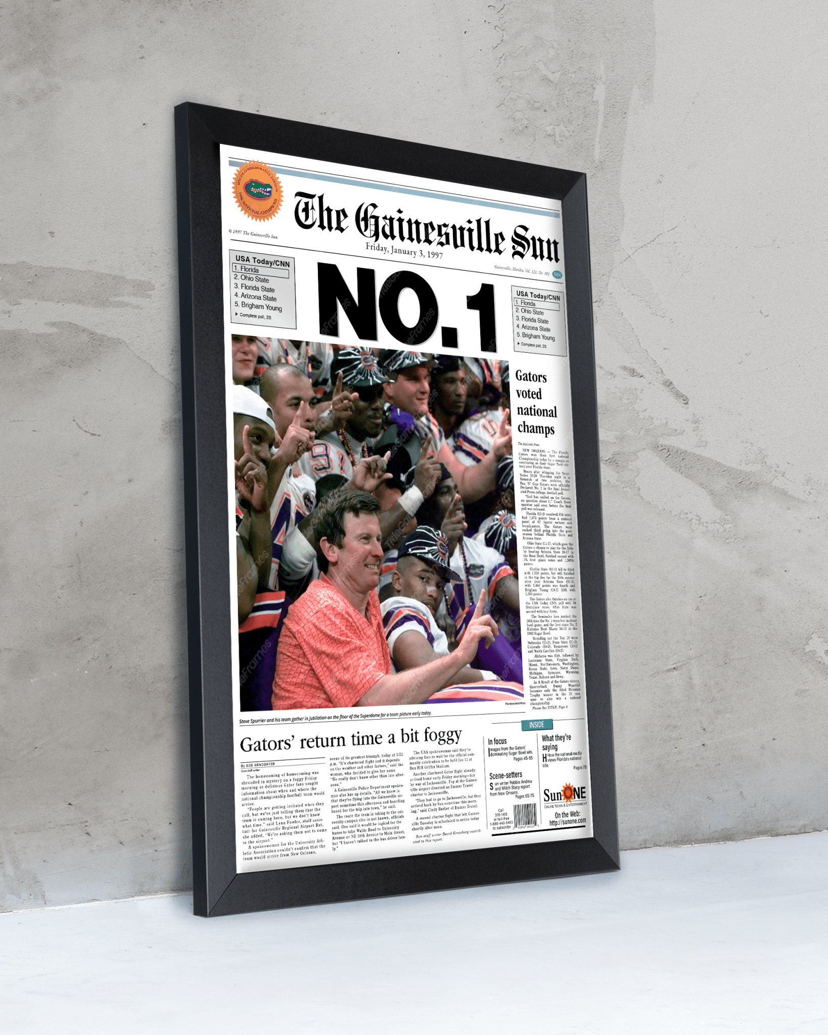 1996 Florida Gators NCAA College Football National Champions 'NO. 1' Framed Newspaper - TitleGameFrames.com