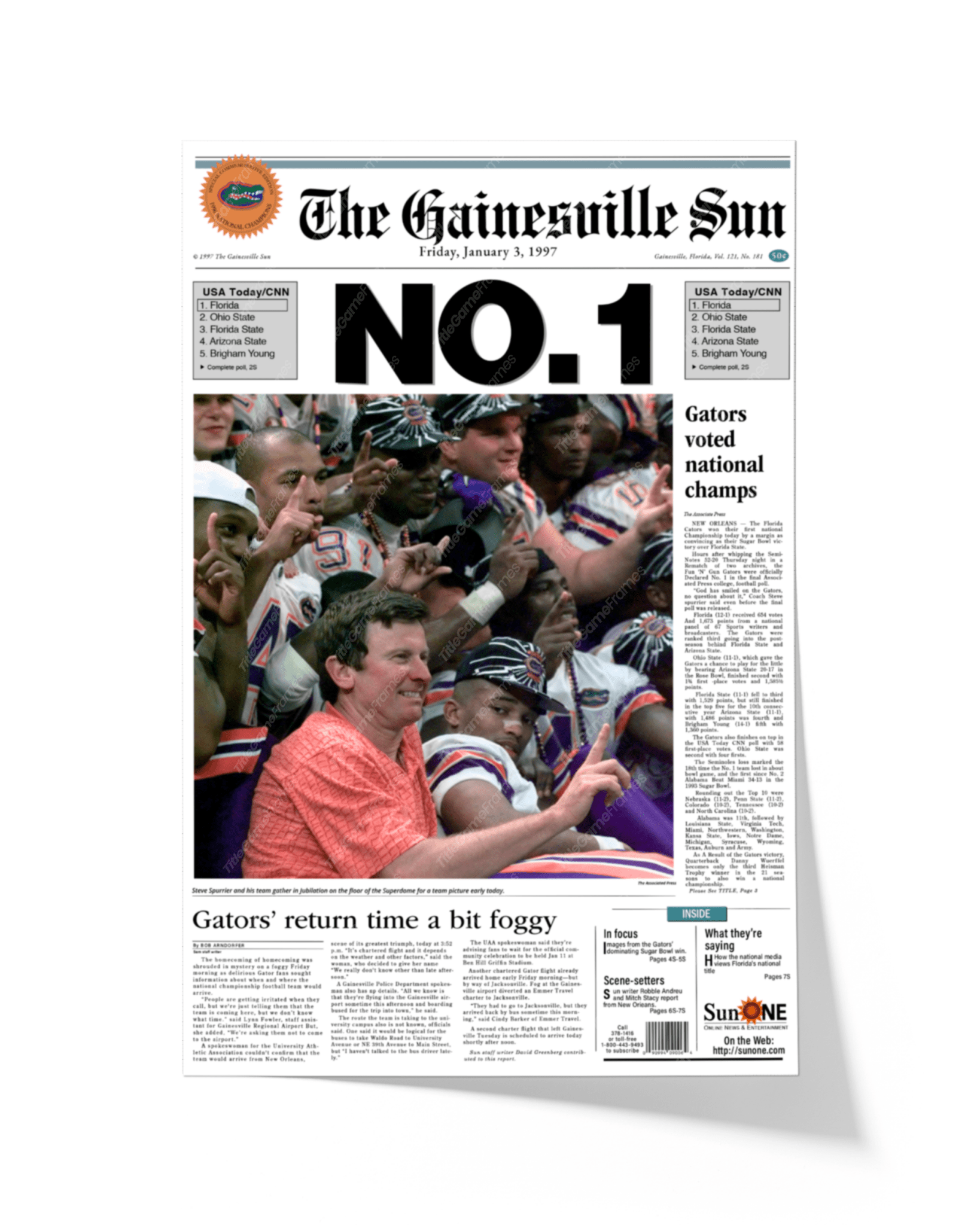 1996 Florida Gators NCAA College Football National Champions 'NO. 1' Framed Newspaper - TitleGameFrames.com
