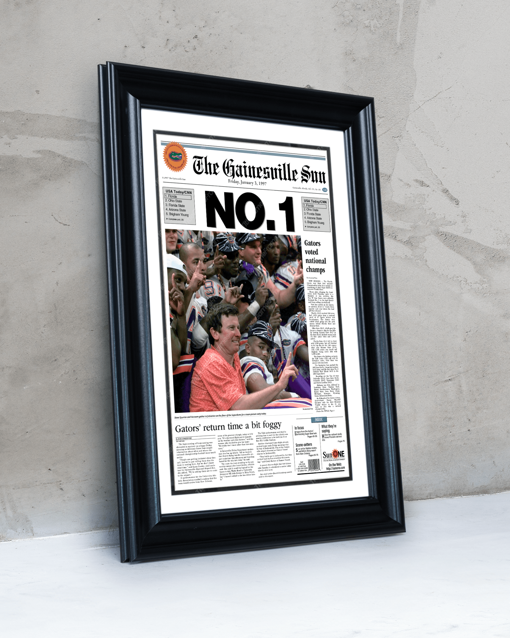 1996 Florida Gators NCAA College Football National Champions 'NO. 1' Framed Newspaper - TitleGameFrames.com