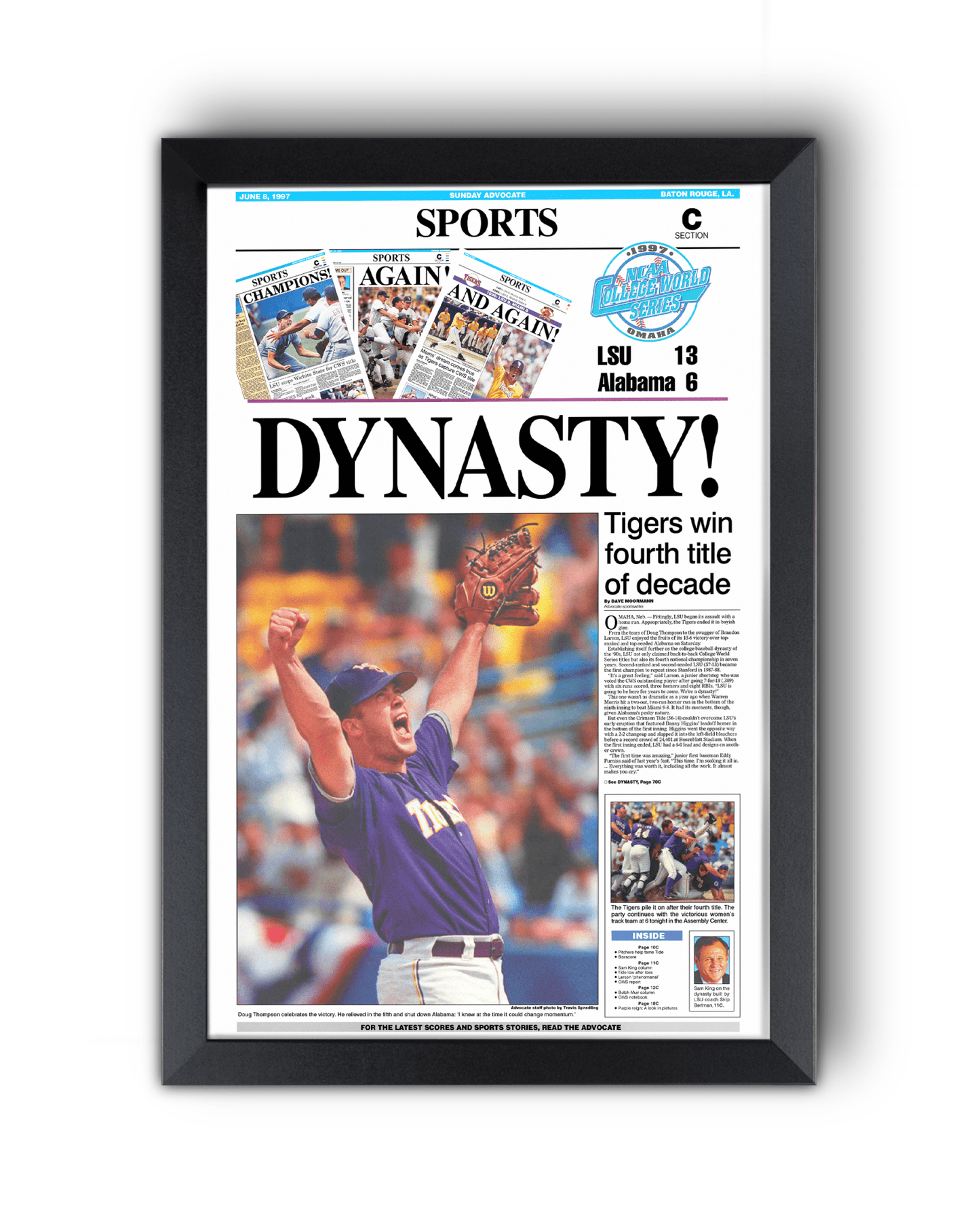 1997 LSU Tigers ‘DYNASTY!’ College World Series Champions Framed Newspaper Print - TitleGameFrames.com
