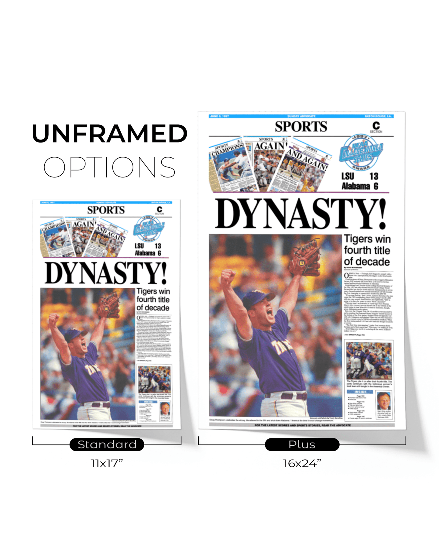 1997 LSU Tigers ‘DYNASTY!’ College World Series Champions Framed Newspaper Print - TitleGameFrames.com