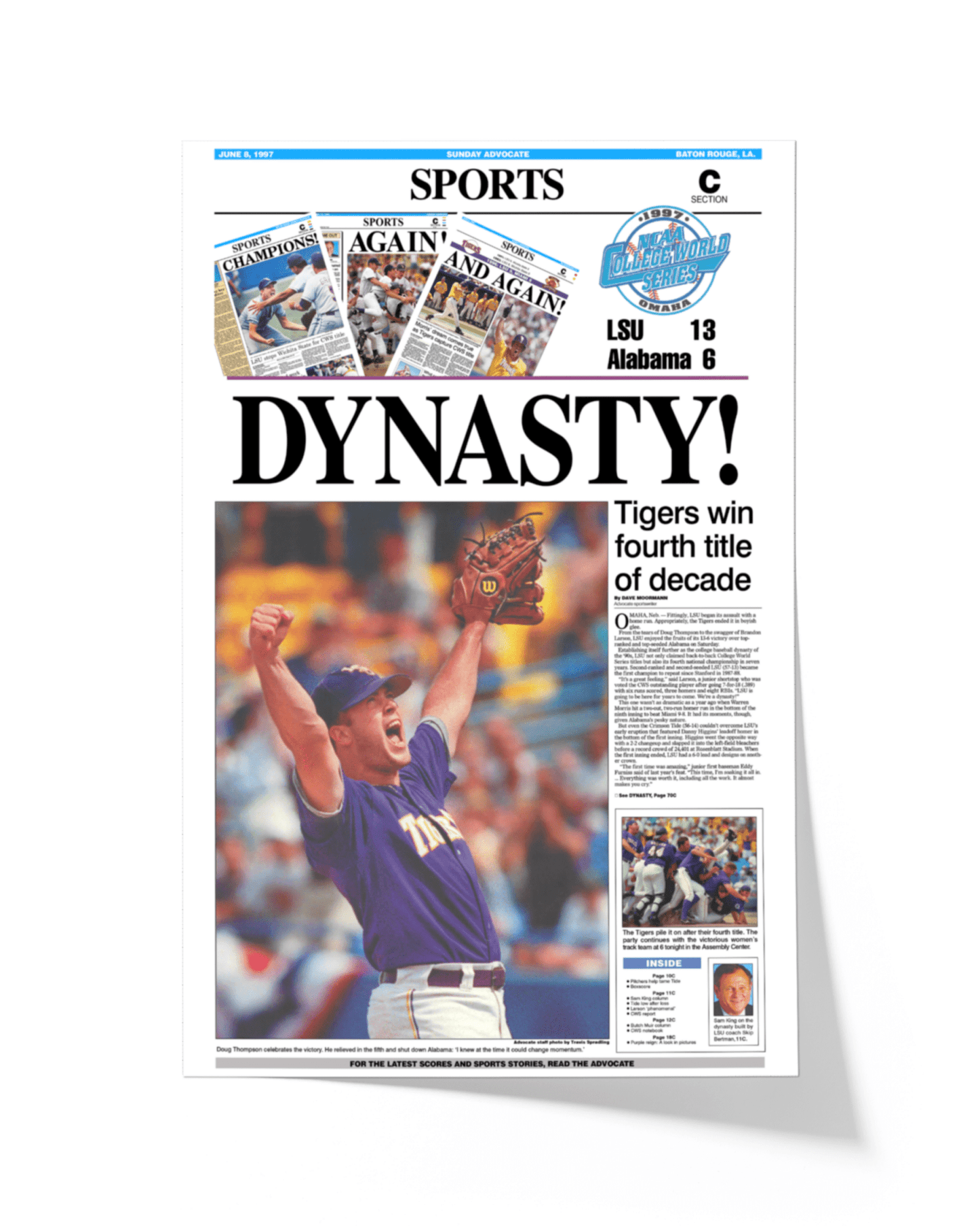 1997 LSU Tigers ‘DYNASTY!’ College World Series Champions Framed Newspaper Print - TitleGameFrames.com