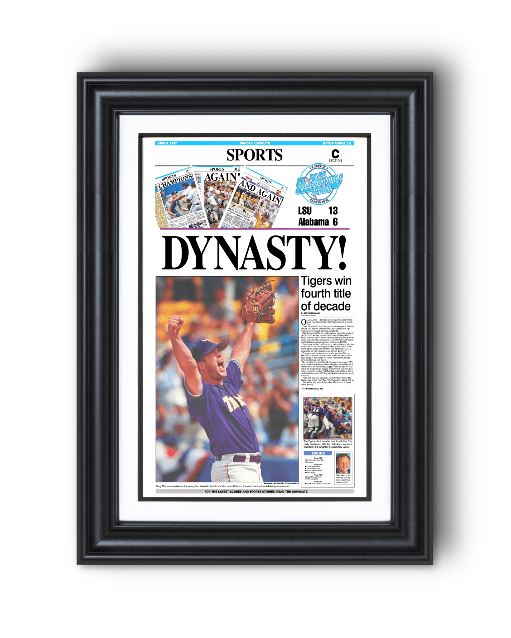 1997 LSU Tigers ‘DYNASTY!’ College World Series Champions Framed Newspaper Print - TitleGameFrames.com