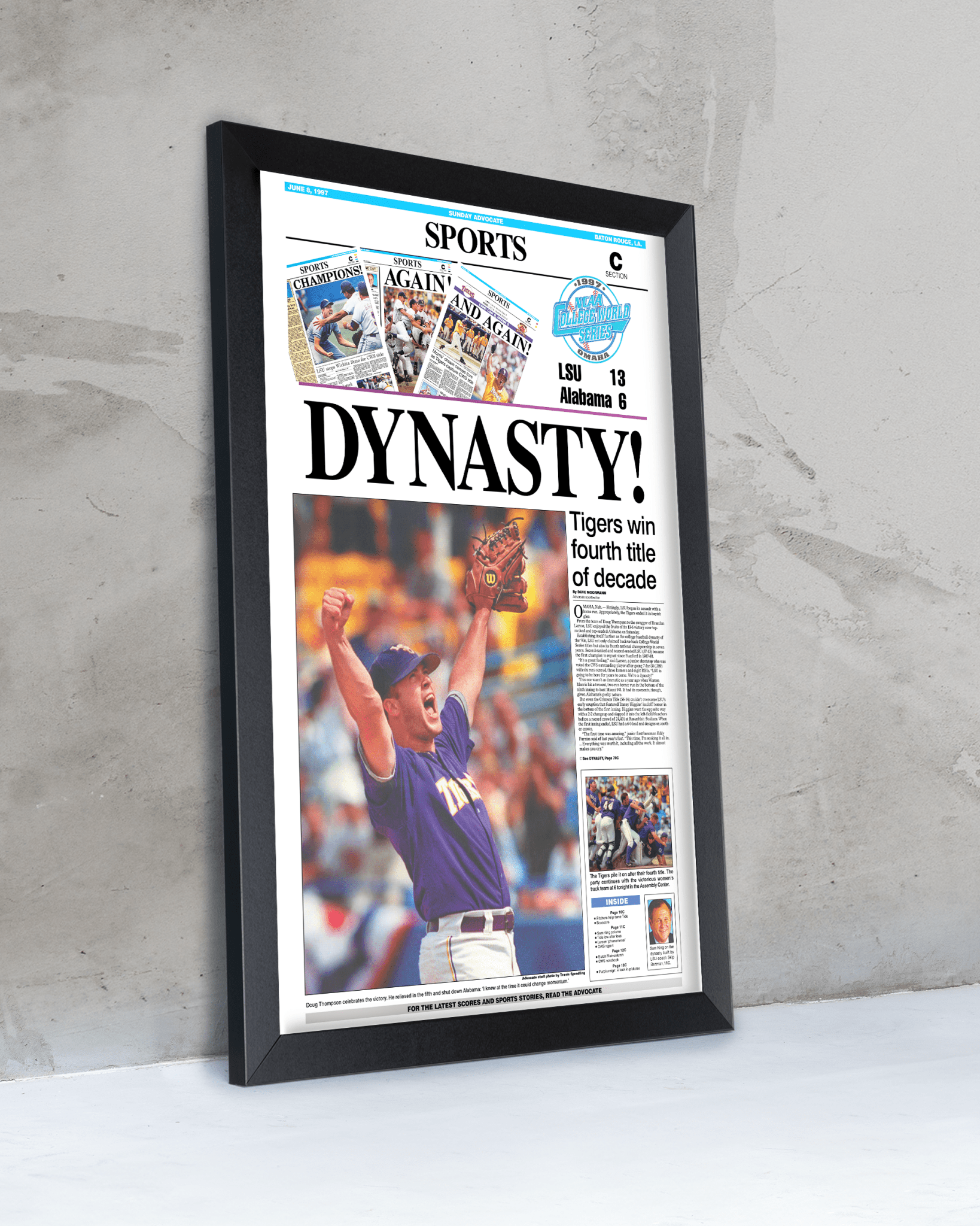1997 LSU Tigers ‘DYNASTY!’ College World Series Champions Framed Newspaper Print - TitleGameFrames.com