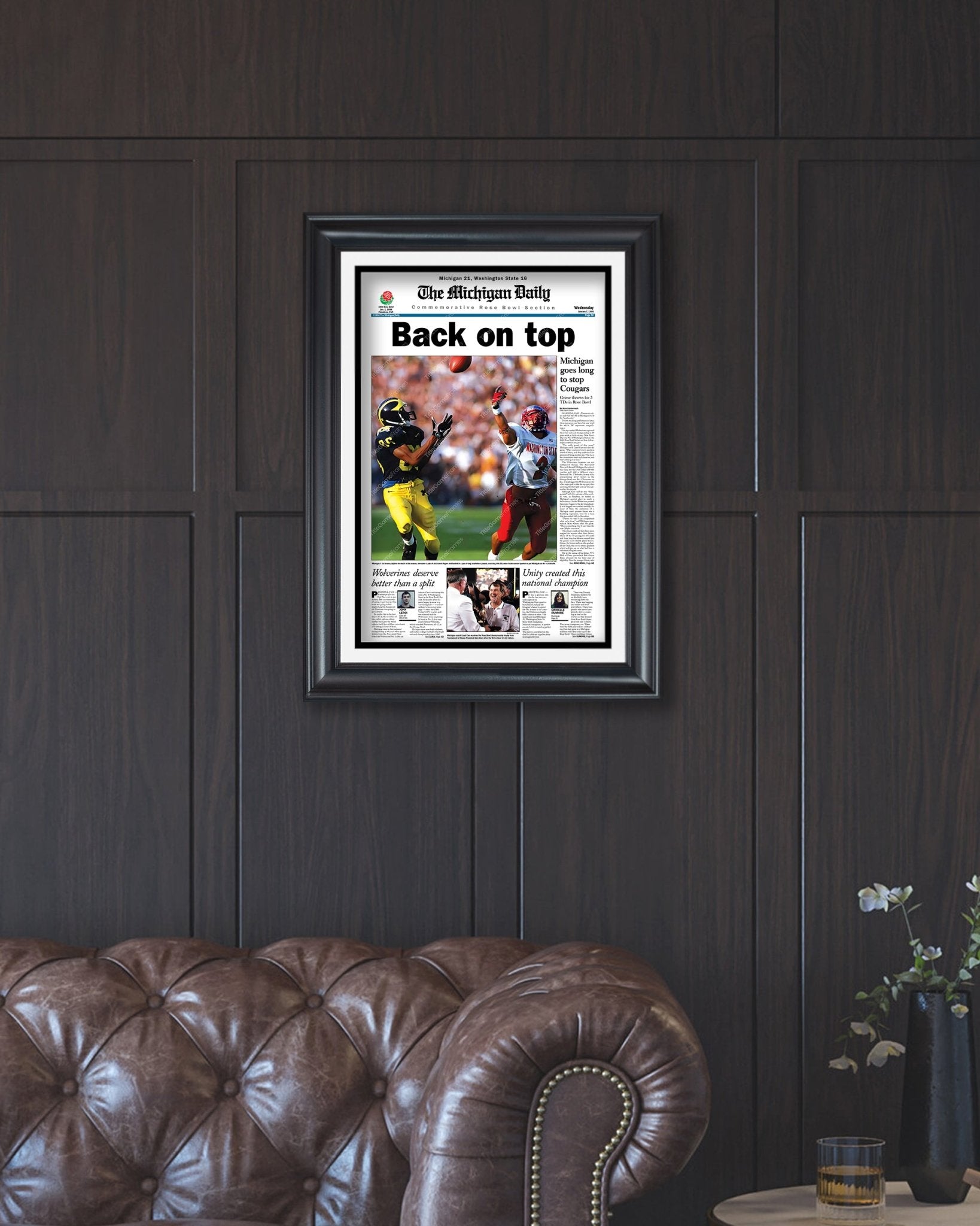1997 Michigan Wolverines NCAA College Football National Champions 'Back on top' Framed Front Page Newspaper Print - Title Game Frames
