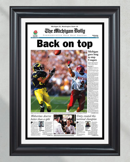 1997 Michigan Wolverines NCAA College Football National Champions 'Back on top' Framed Front Page Newspaper Print - Title Game Frames