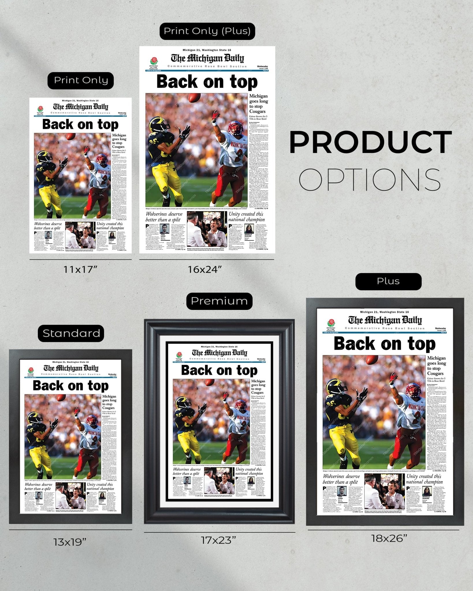 1997 Michigan Wolverines NCAA College Football National Champions 'Back on top' Framed Front Page Newspaper Print - Title Game Frames