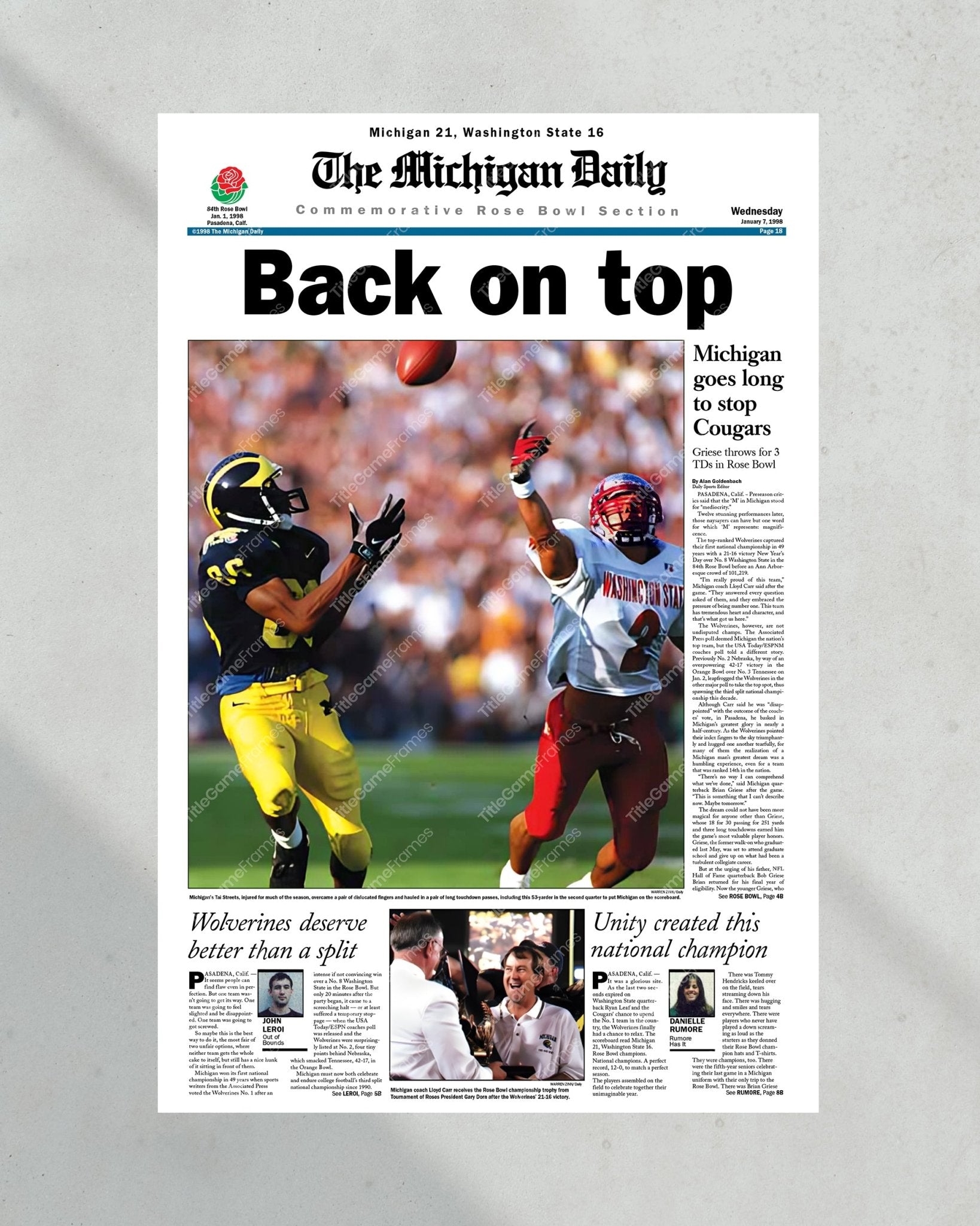 1997 Michigan Wolverines NCAA College Football National Champions 'Back on top' Framed Front Page Newspaper Print - Title Game Frames