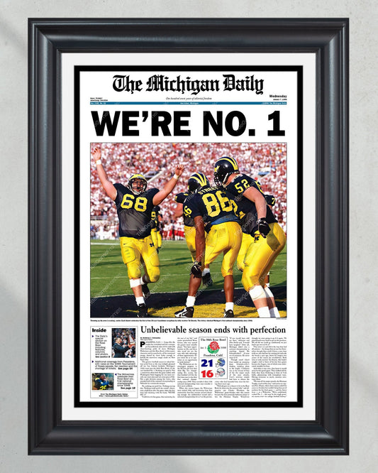1997 Michigan Wolverines Rose Bowl Champions: 'WE'RE NO. 1' - Framed Newspaper Print - Title Game Frames