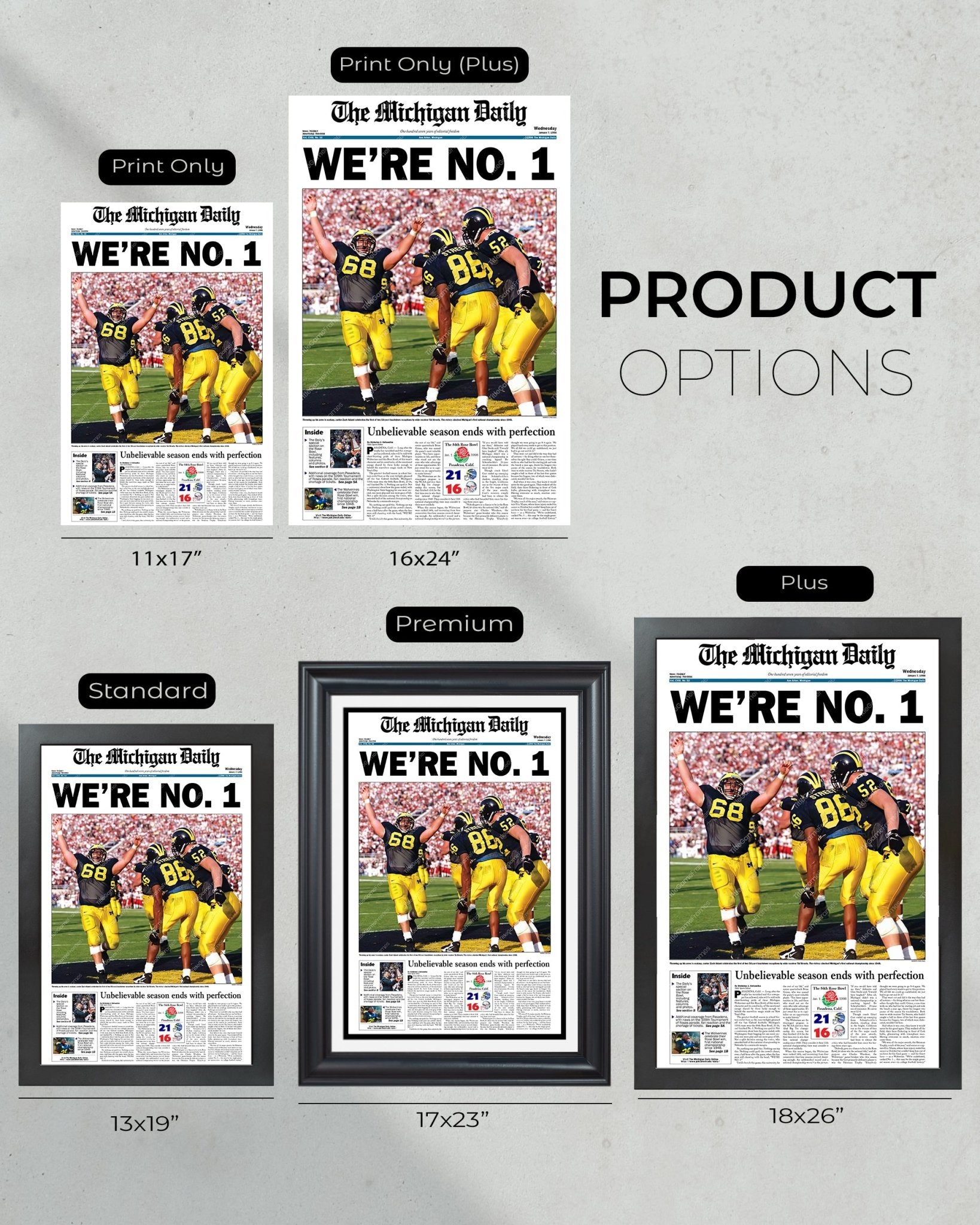 1997 Michigan Wolverines Rose Bowl Champions: 'WE'RE NO. 1' - Framed Newspaper Print - Title Game Frames