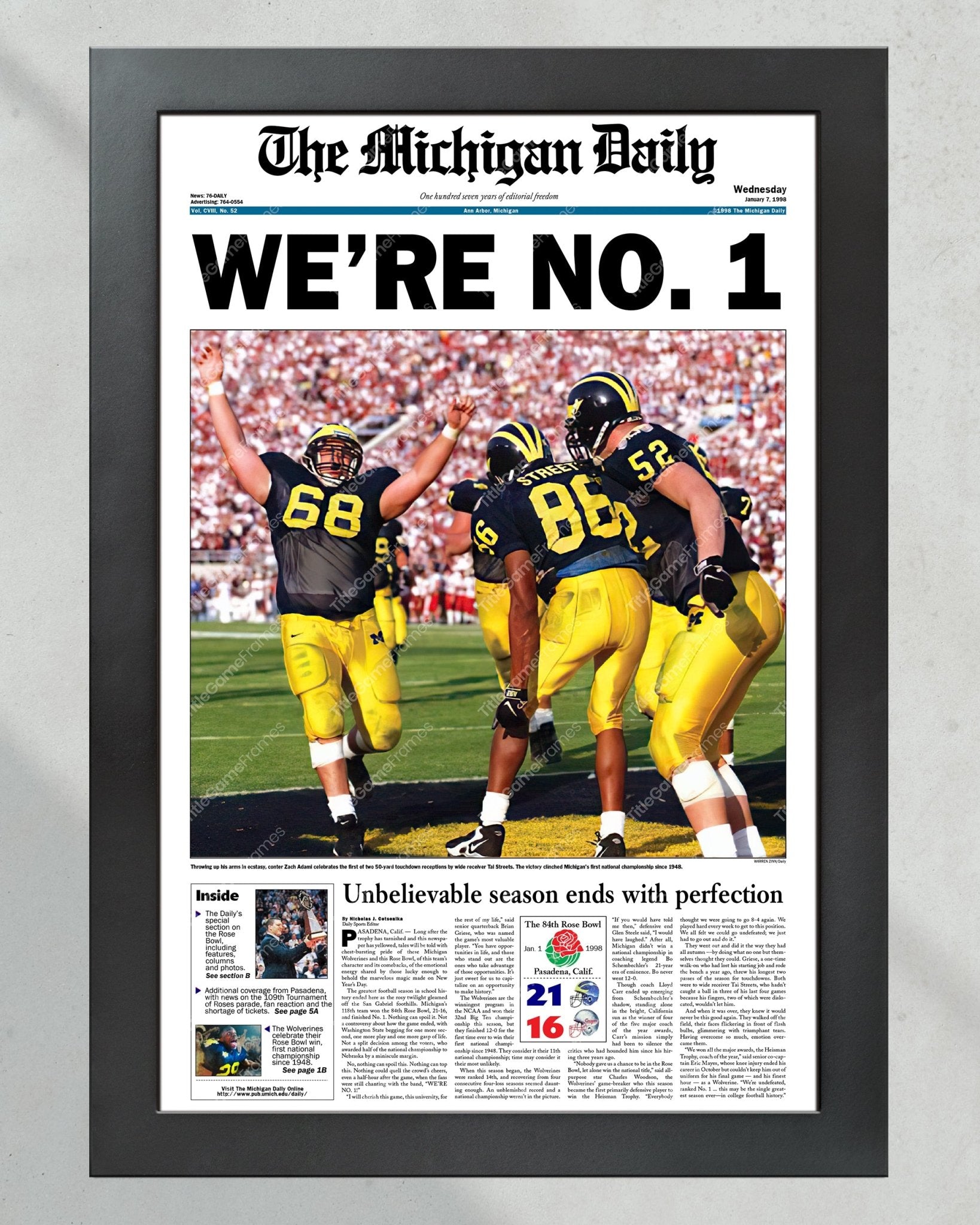 1997 Michigan Wolverines Rose Bowl Champions: 'WE'RE NO. 1' - Framed Newspaper Print - Title Game Frames