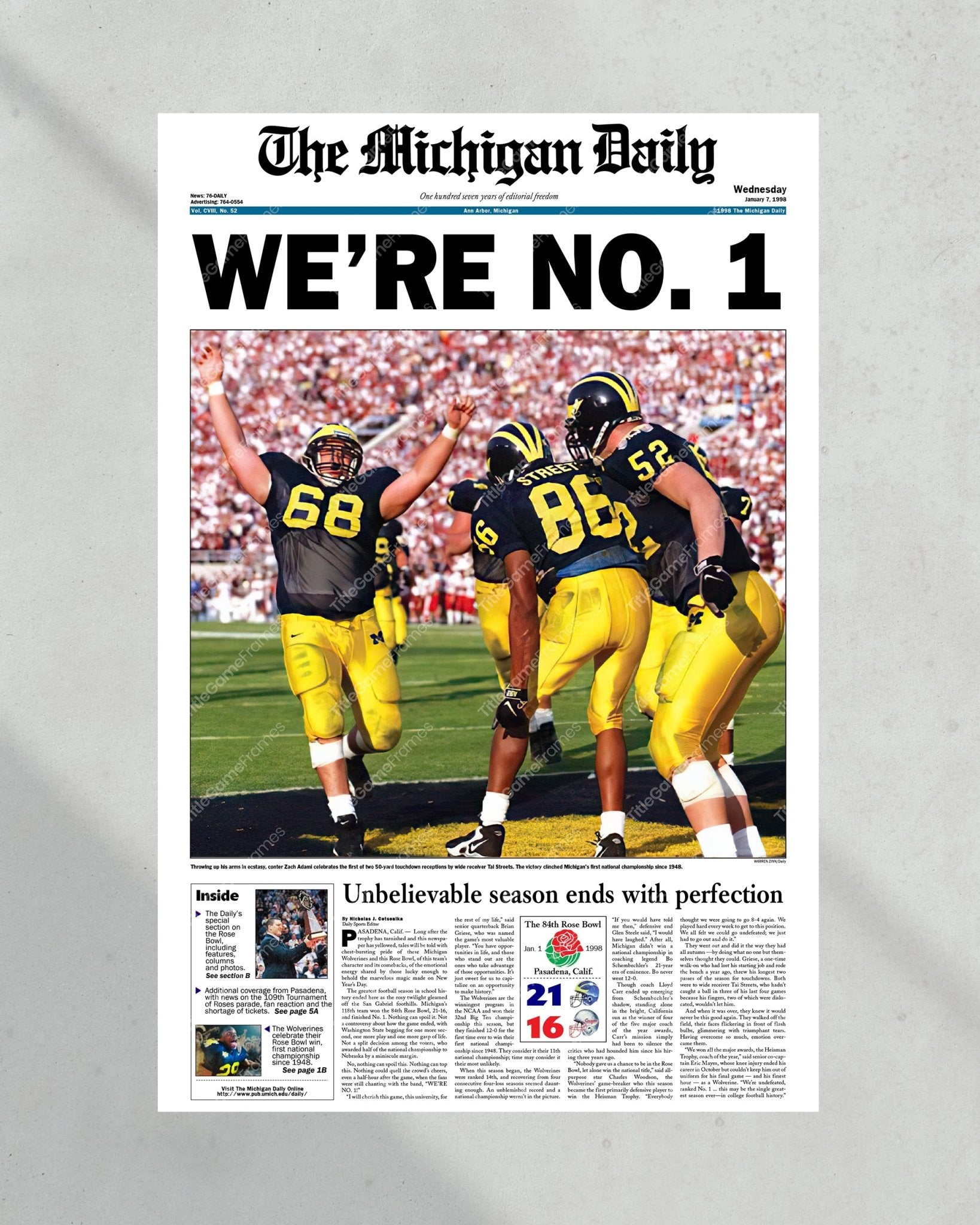 1997 Michigan Wolverines Rose Bowl Champions: 'WE'RE NO. 1' - Framed Newspaper Print - Title Game Frames