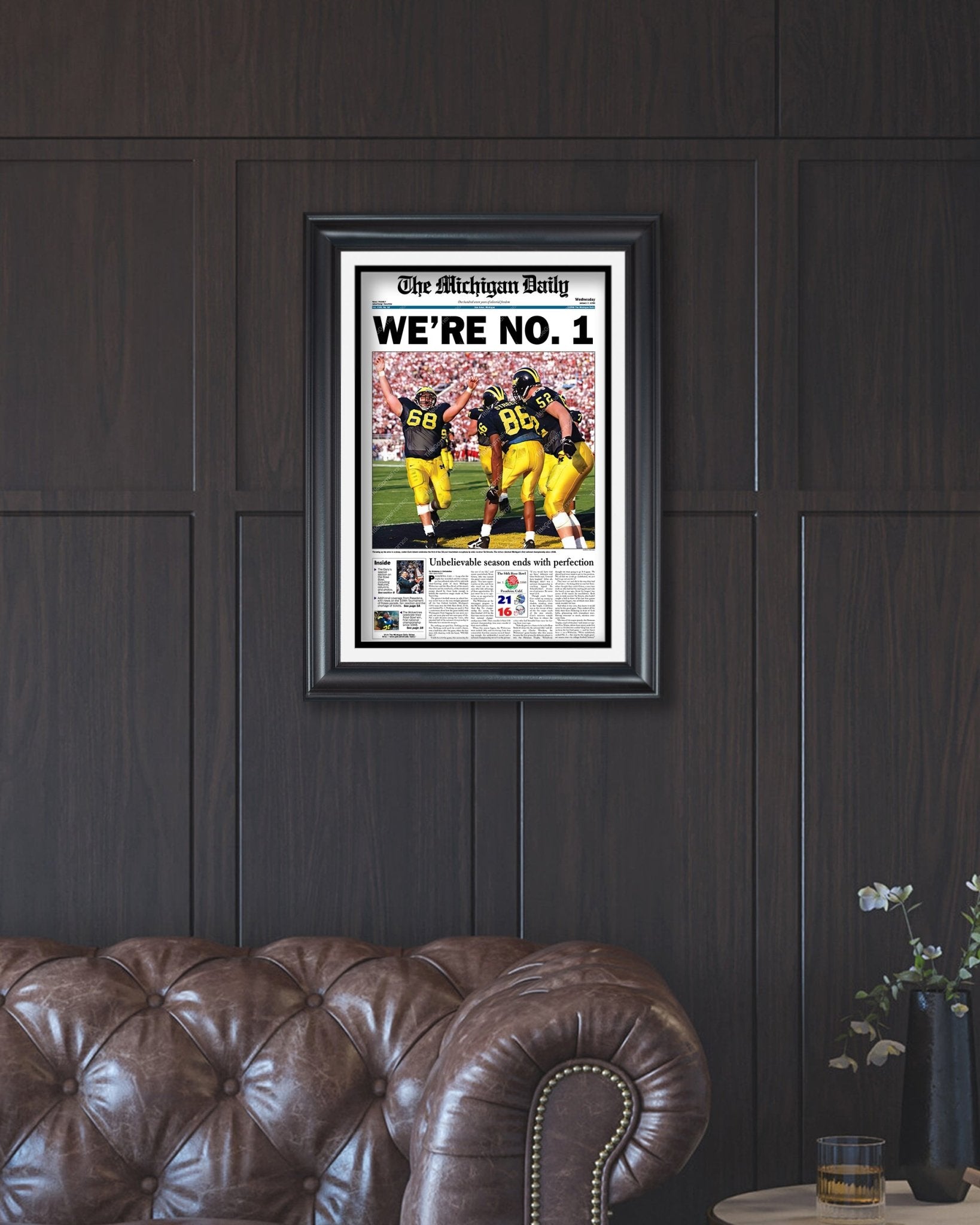1997 Michigan Wolverines Rose Bowl Champions: 'WE'RE NO. 1' - Framed Newspaper Print - Title Game Frames