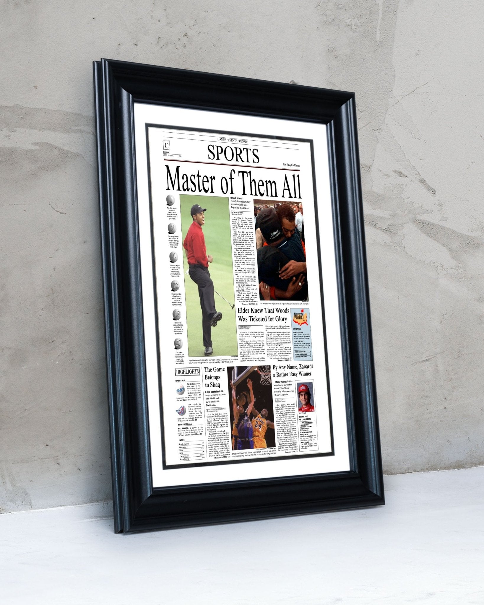 1997 Tiger Woods Masters Champion Framed Front Page Newspaper Print - TitleGameFrames.com