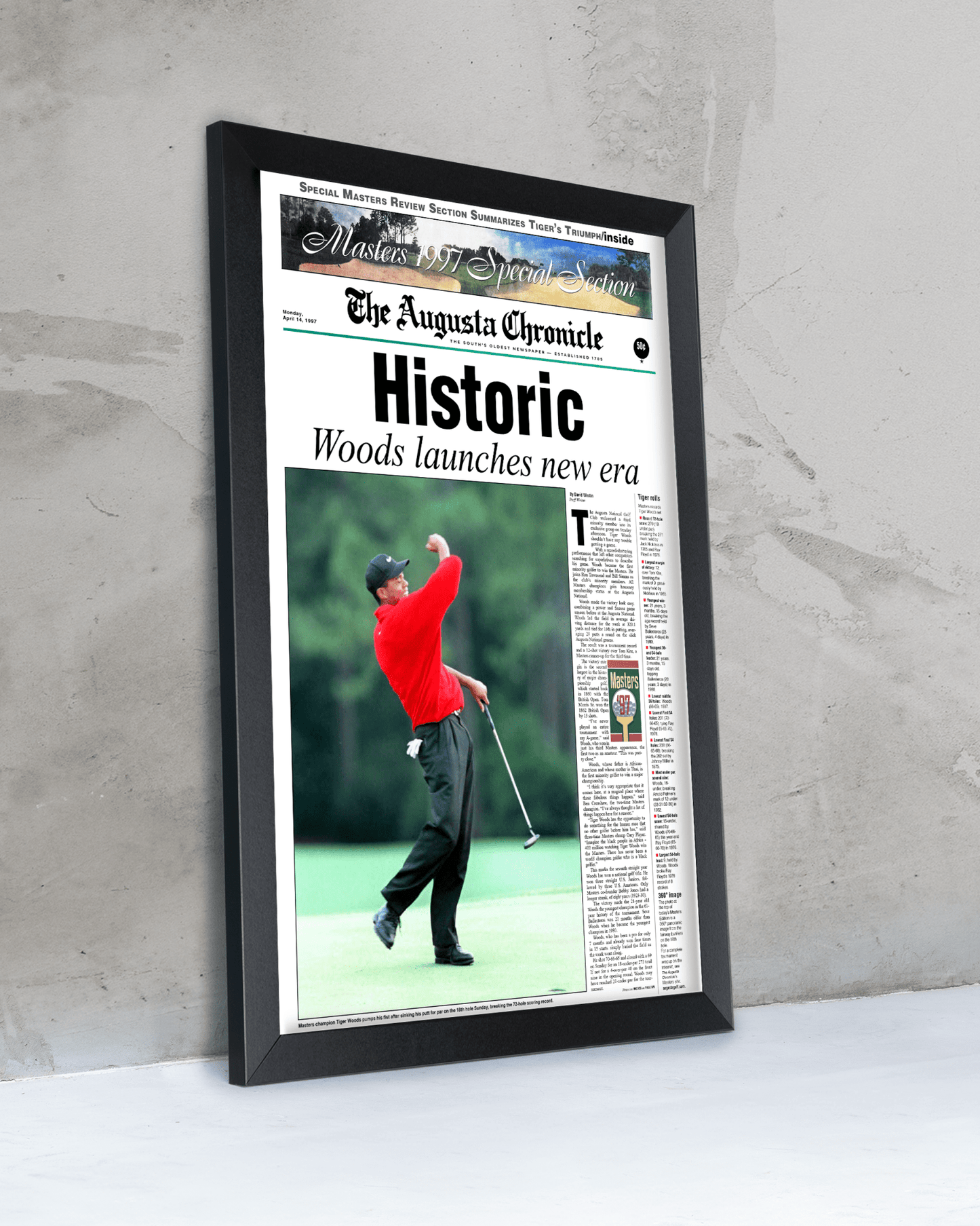 1997 Tiger Woods Masters Champion 'Historic' Front Page Newspaper Augusta - TitleGameFrames.com