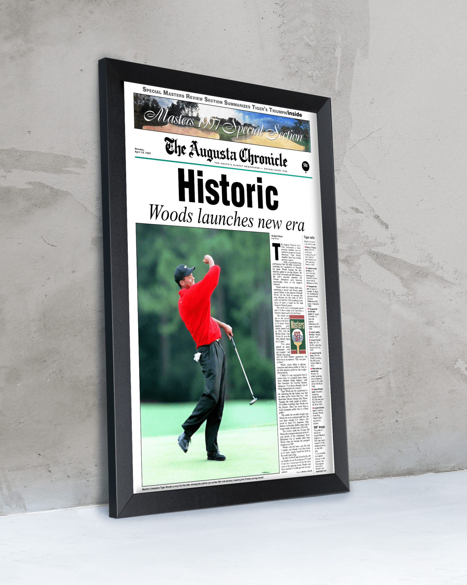 1997 Tiger Woods Masters Champion 'Historic' Front Page Newspaper Augusta - TitleGameFrames.com
