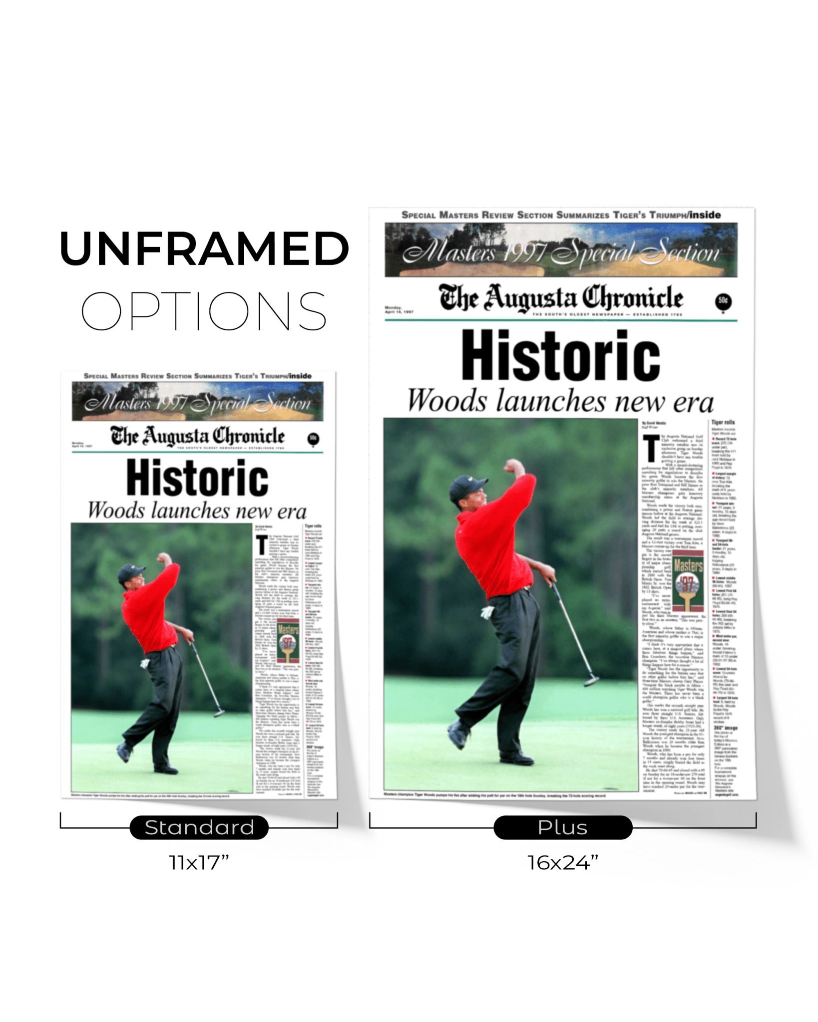 1997 Tiger Woods Masters Champion 'Historic' Front Page Newspaper Augusta - TitleGameFrames.com
