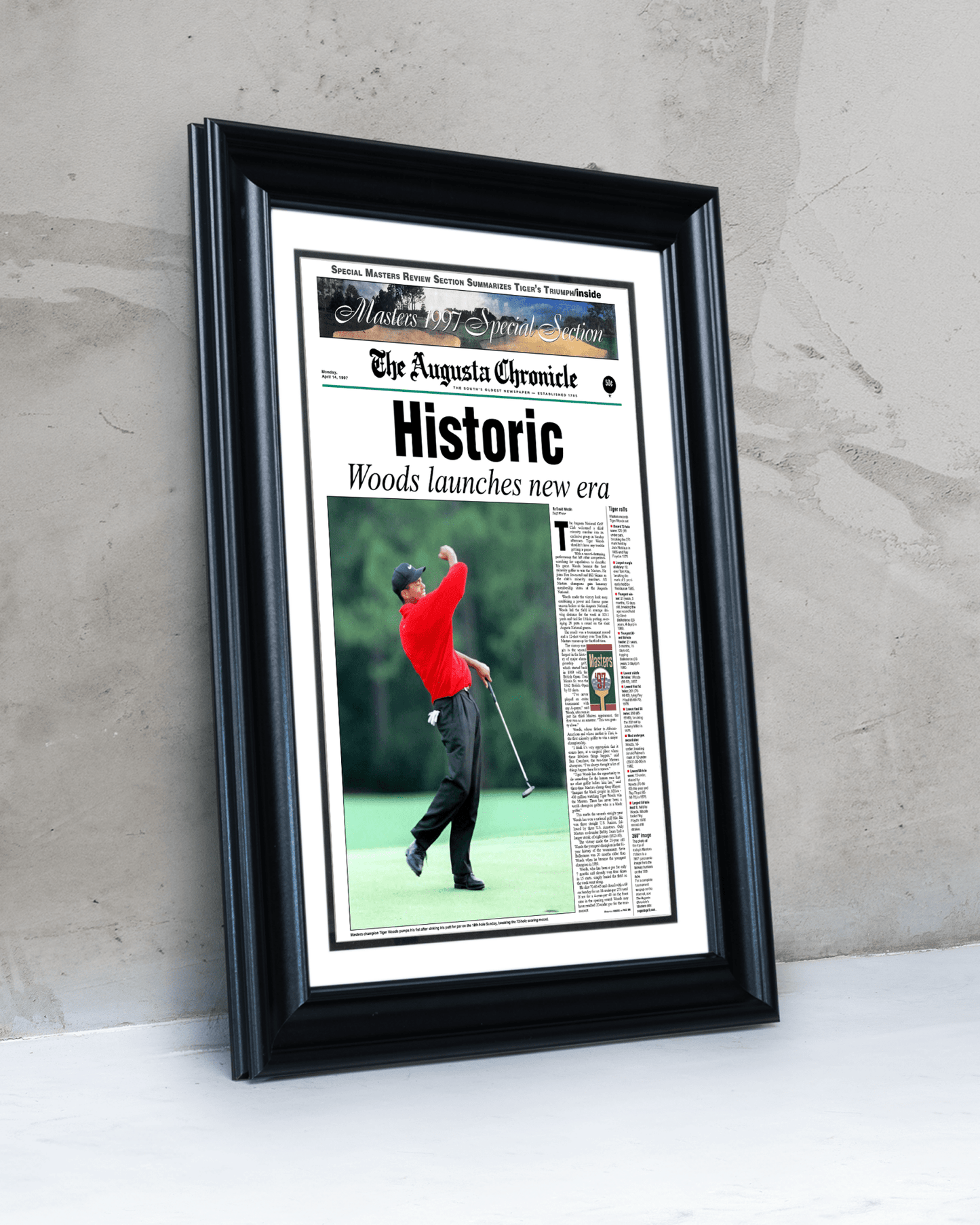 1997 Tiger Woods Masters Champion 'Historic' Front Page Newspaper Augusta - TitleGameFrames.com