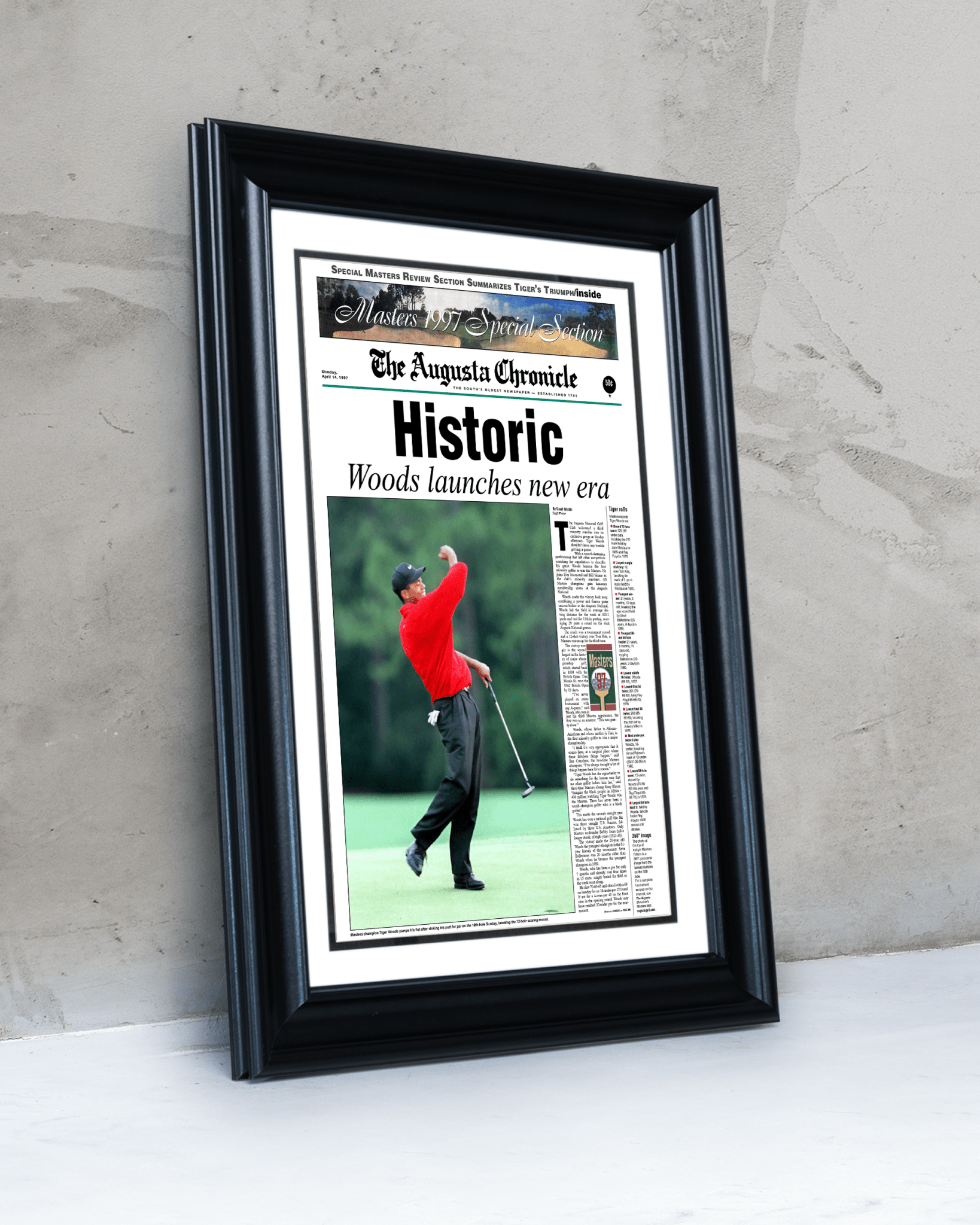 1997 Tiger Woods Masters Champion 'Historic' Front Page Newspaper Augusta - TitleGameFrames.com