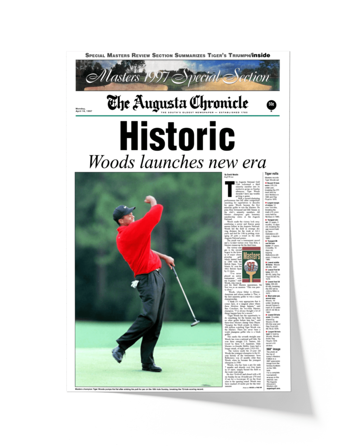 1997 Tiger Woods Masters Champion 'Historic' Front Page Newspaper Augusta - TitleGameFrames.com