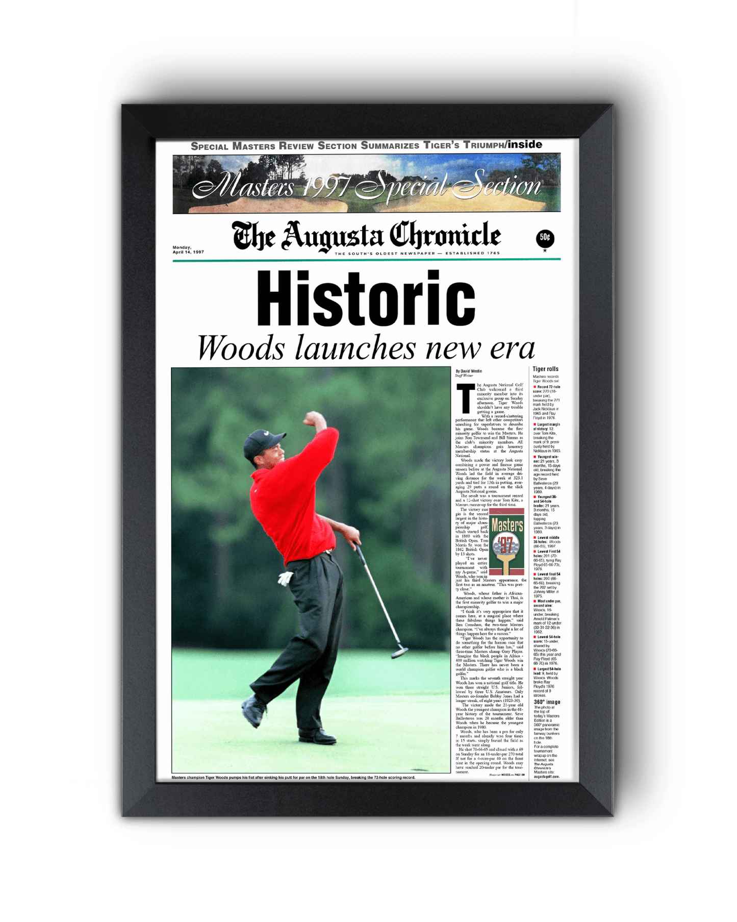 1997 Tiger Woods Masters Champion 'Historic' Front Page Newspaper Augusta - TitleGameFrames.com