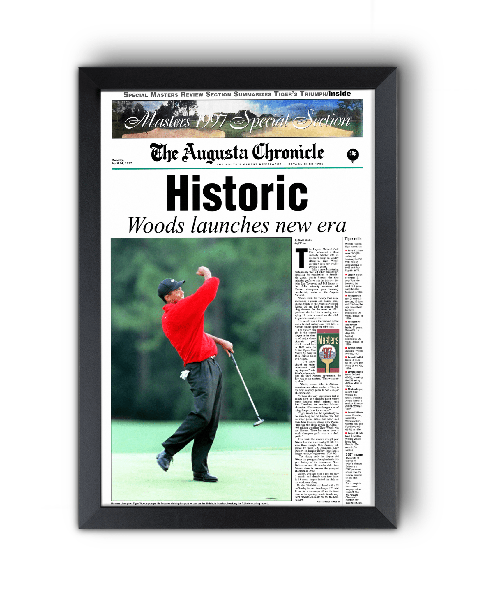 1997 Tiger Woods Masters Champion 'Historic' Front Page Newspaper Augusta - TitleGameFrames.com